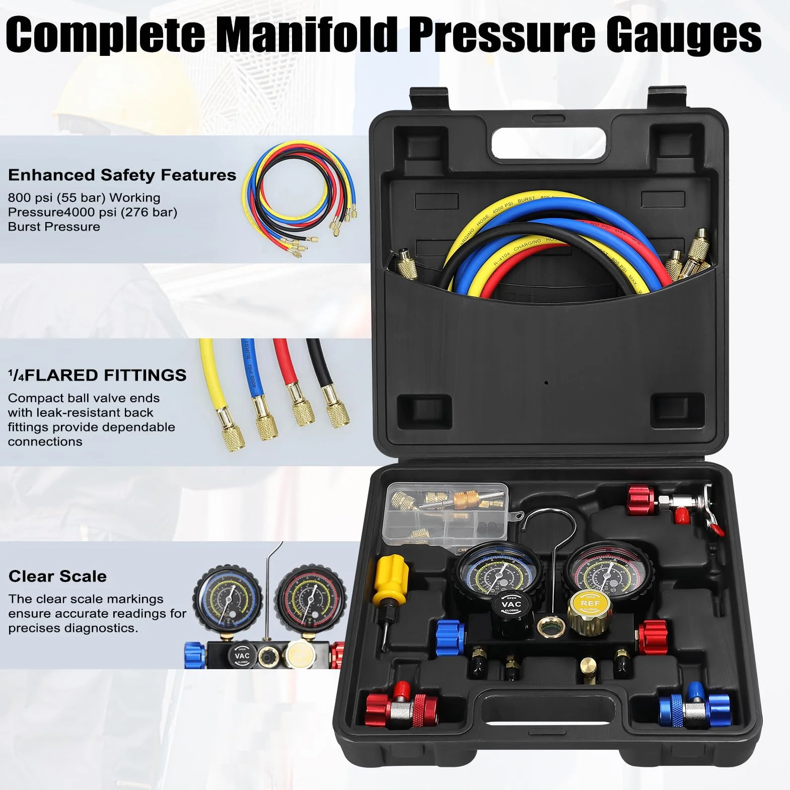 Refrigerante Manifold Gauge Set, Weytoll Juego de Manómetros para Aire Acondicionado, Adaptadores de Acoplamiento Rápido de Latón para Refrigerante R22/R134a/R410a