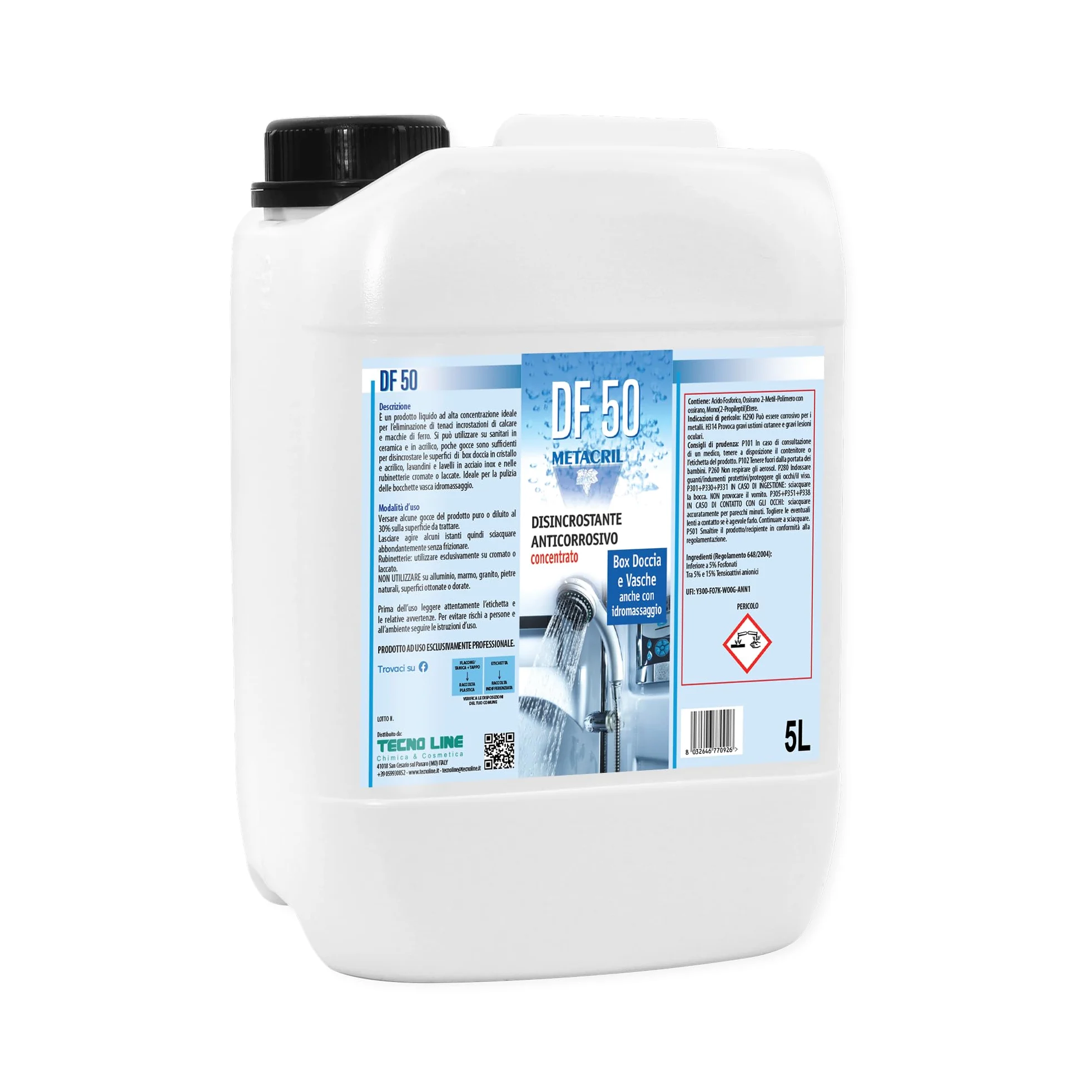 Metacril DF 50, Desincrustante Antical Concentrado con Acción Anticorrosiva para Mamparas de Ducha, Cristales, Grifería, Bañeras Hidromasaje y Sanitarios – 5 L + Pulverizador