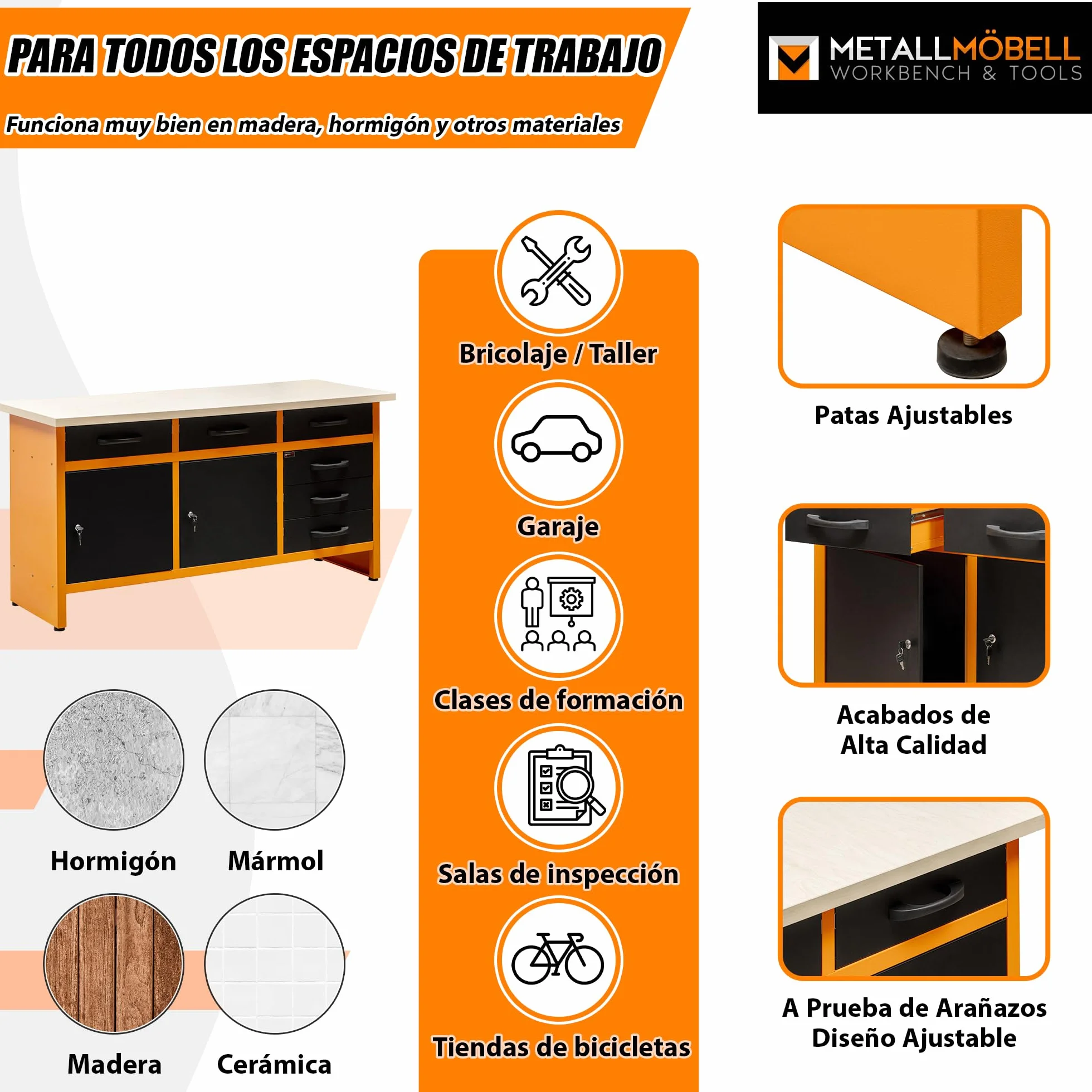 METALLMOBELL - Banco de Trabajo Profesional | 160x60x84cm, Cajones y Armario con Llave, Mesa de Trabajo Taller, Banco de Trabajo Taller, Mesa Trabajo, Banco de Carpintero, Banco Herramientas -MB010N-N