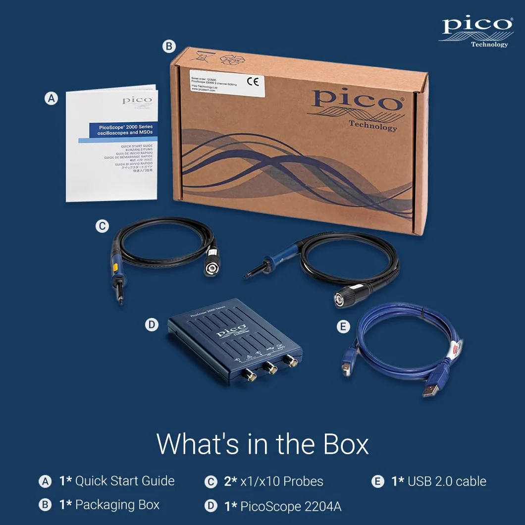 Pico Technology PicoScope 2204A Kit de Osciloscopio USB Digital 2 en 1 Portatil, 10 MHz, 2 canales, con sondas y PS7 software