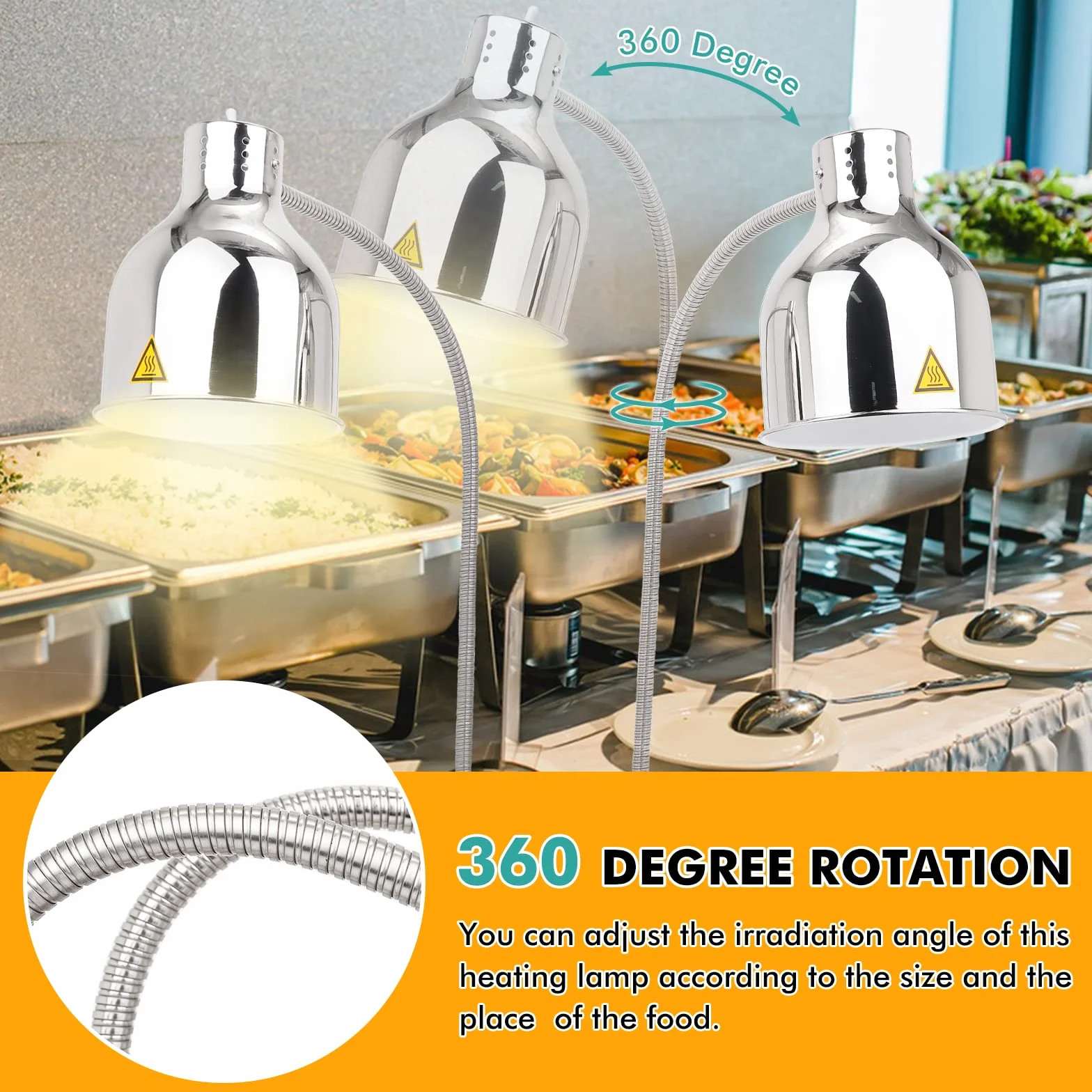 YJINGRUI Lámpara de calentamiento de alimentos 2 x 250 W plateada manguera extensible 70 cm buffet cocina restaurante