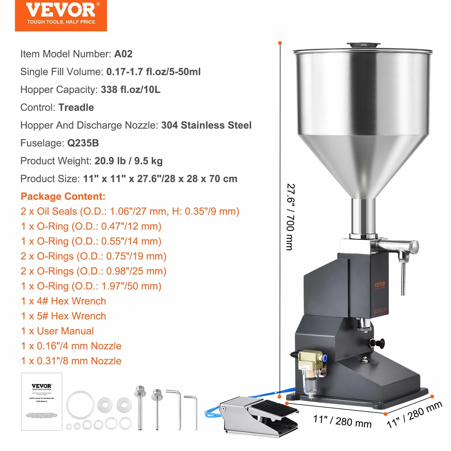 VEVOR Máquina de Llenado de Líquidos Pasta Neumática Llenadora de Botellas de Acero Inoxidable de 5-50 ml con Pedal para Leche, Agua, Zumo, Aceite Esencial, Champú, Miel, Loción Cosmética