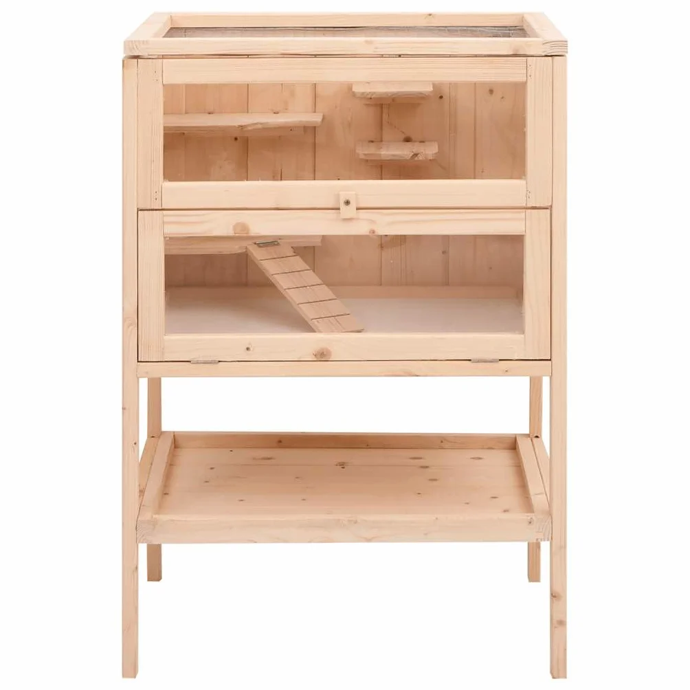 Jaula hámster madera maciza abeto 55x40x80 cm con escalera de dos niveles, techo rejilla metálica abierta, frontal acrílico transparente, estante de almacenamiento, para hámster Gerbille