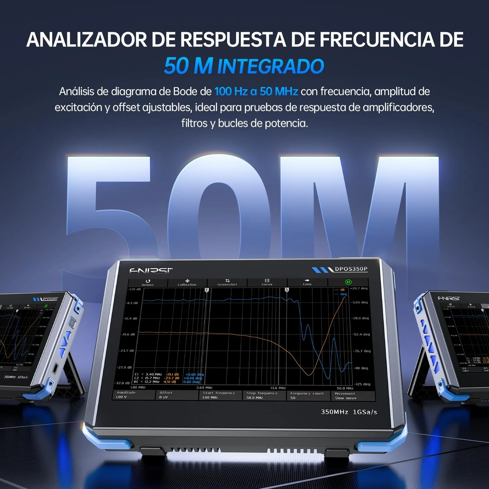 FNIRSI DPOS350P Osciloscopio de Tableta 4 en 1 de 350 MHz, Analizador de Espectro de 200 KHz~350 MHz, Analizador de Respuesta de Frecuencia y Generador DDS, Osciloscopio Portátil de 2CH y 1 GSa/s