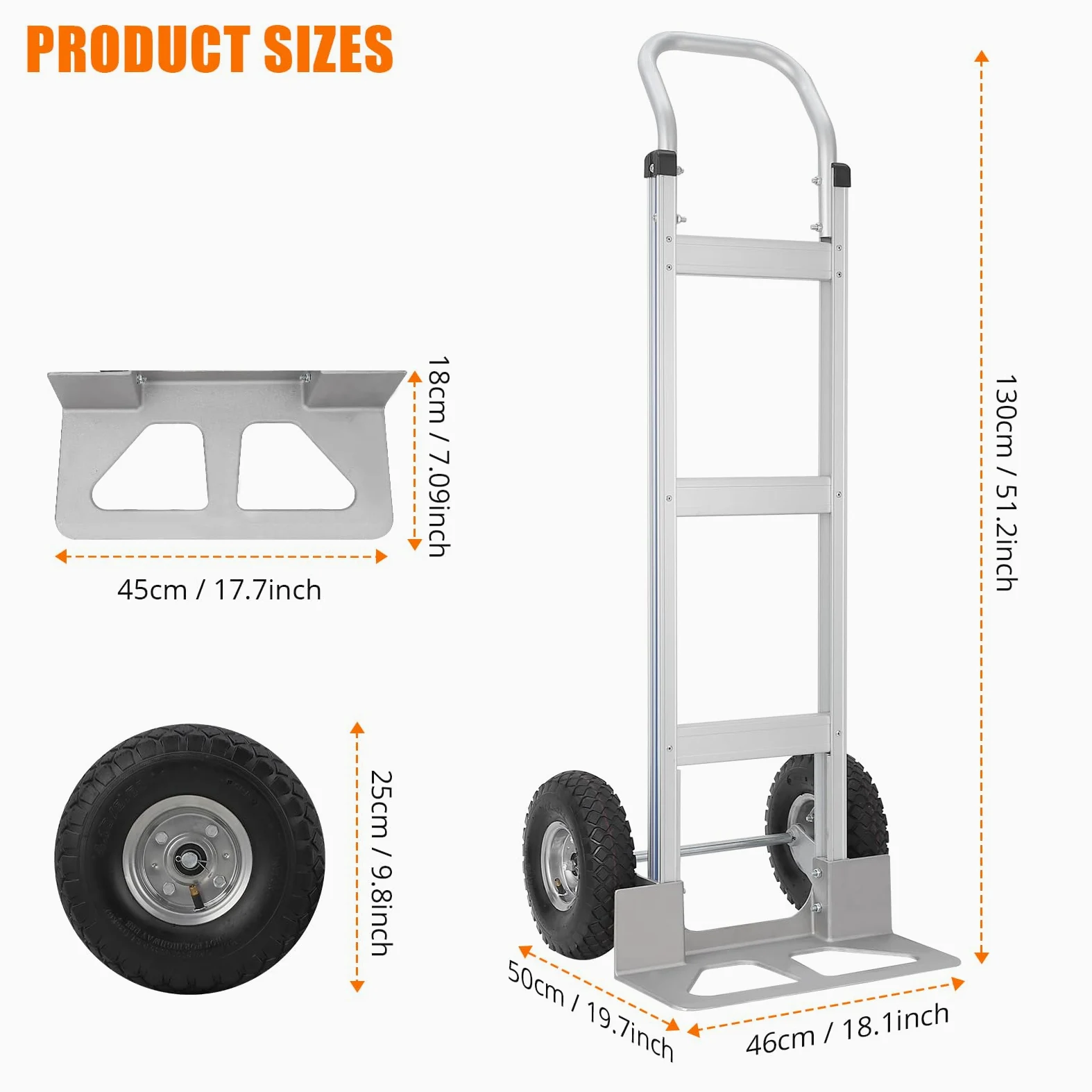 Garvee Carretilla de mano de aluminio resistente, capacidad de 205 kg con mango horizontal y ruedas de goma de 25 cm, carrito plegable ligero para mudanzas, tiendas, hogar y jardín