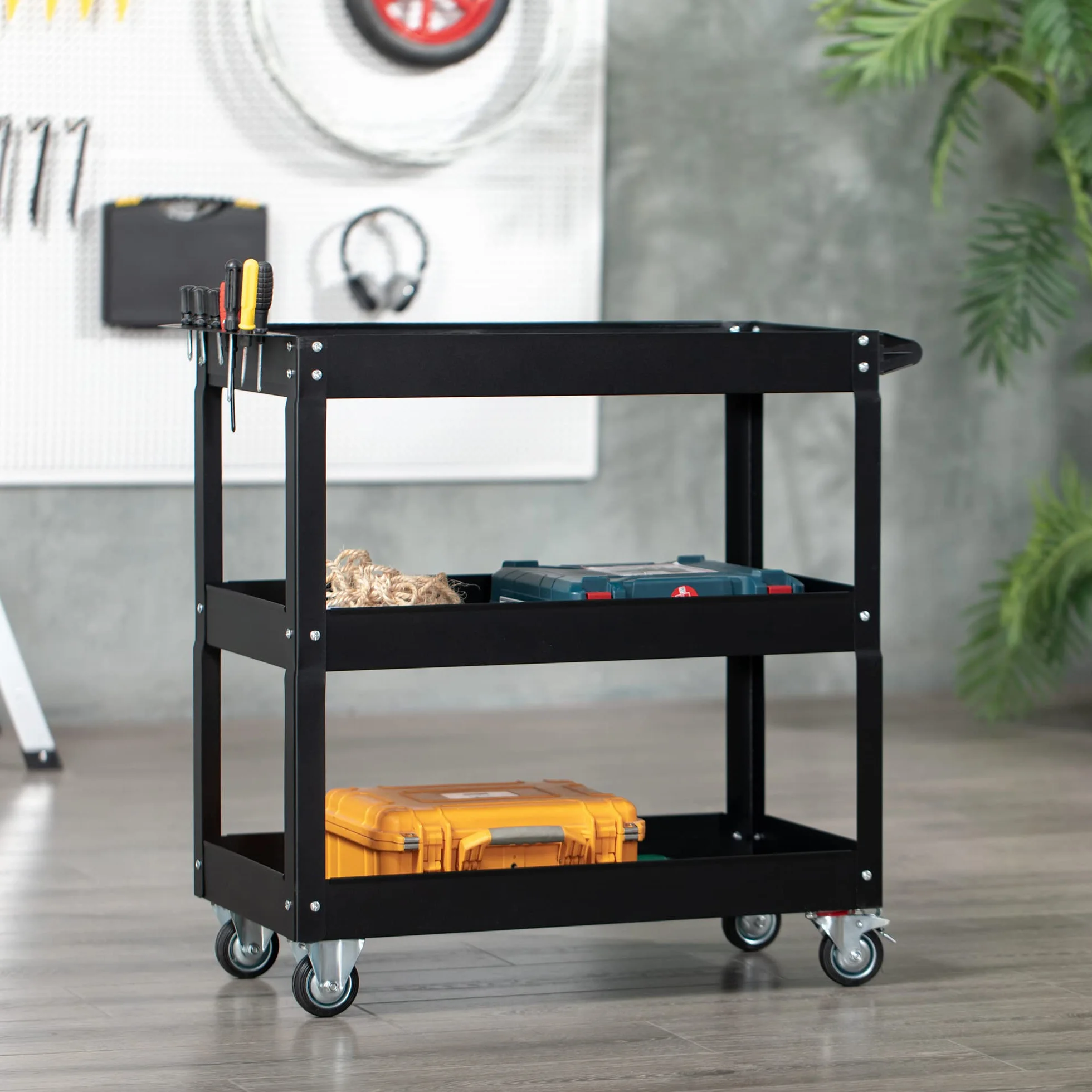 DURHAND Carro de Herramientas con Ruedas 150 kg 83x35,3x76 cm Negro Acero 3 Estantes Taller