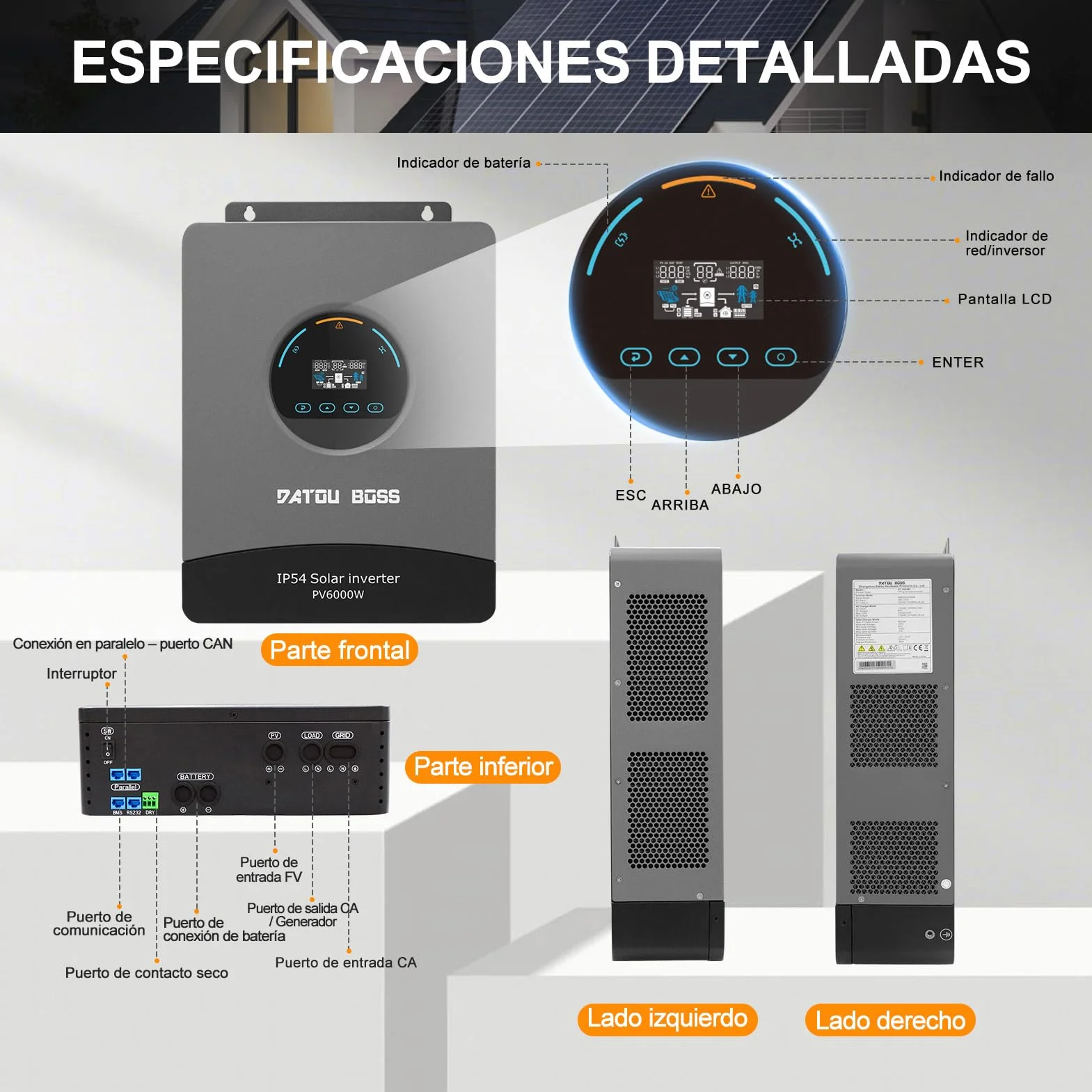 DATOUBOSS Inversor Solar Híbrido 48V 6000W Onda Sinusoidal Pura, Regulador MPPT Integrado 120A, Protección contra Rayos y Agua, Arranque sin Batería, para Sistema Solar Fuera de la Red (48V 6000W)