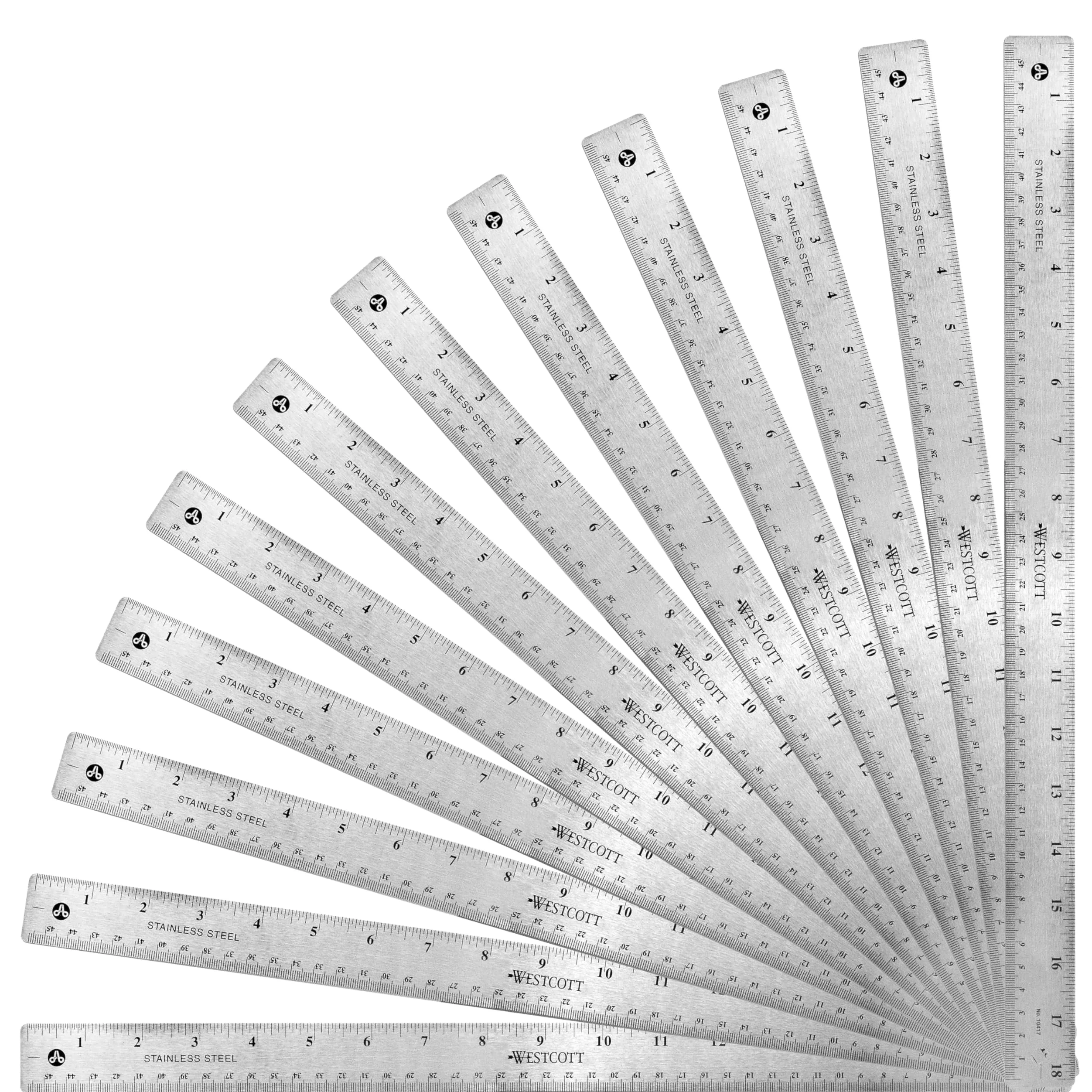 Westcott - Reglas de acero inoxidable, 45,7 cm de largo, 2,5 cm de ancho, 1/16, 1/32 graduaciones (10417BX)