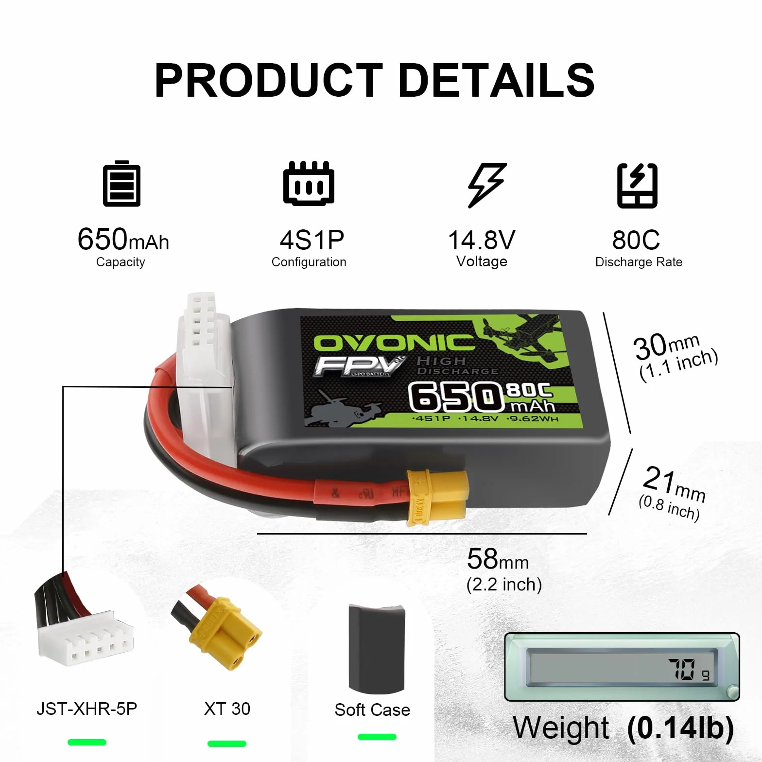 OVONIC 4s Batería Lipo 80C 650mAh 14.8V XT30 para RC Avión Quadcopter Helicóptero FPV Drone (4 Piezas)