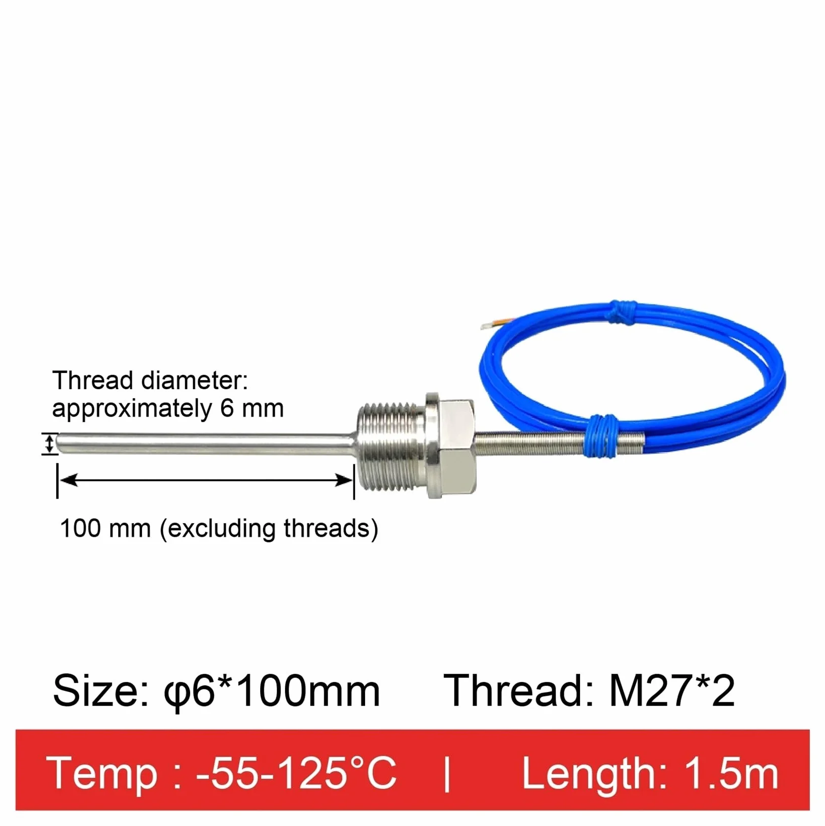 Sensor de Temperatura, sonda Acero Inoxidable con Sensor, termómetro Digital Rosca PTFE for Uso Industrial(M27*2/6 * 100 Mm)