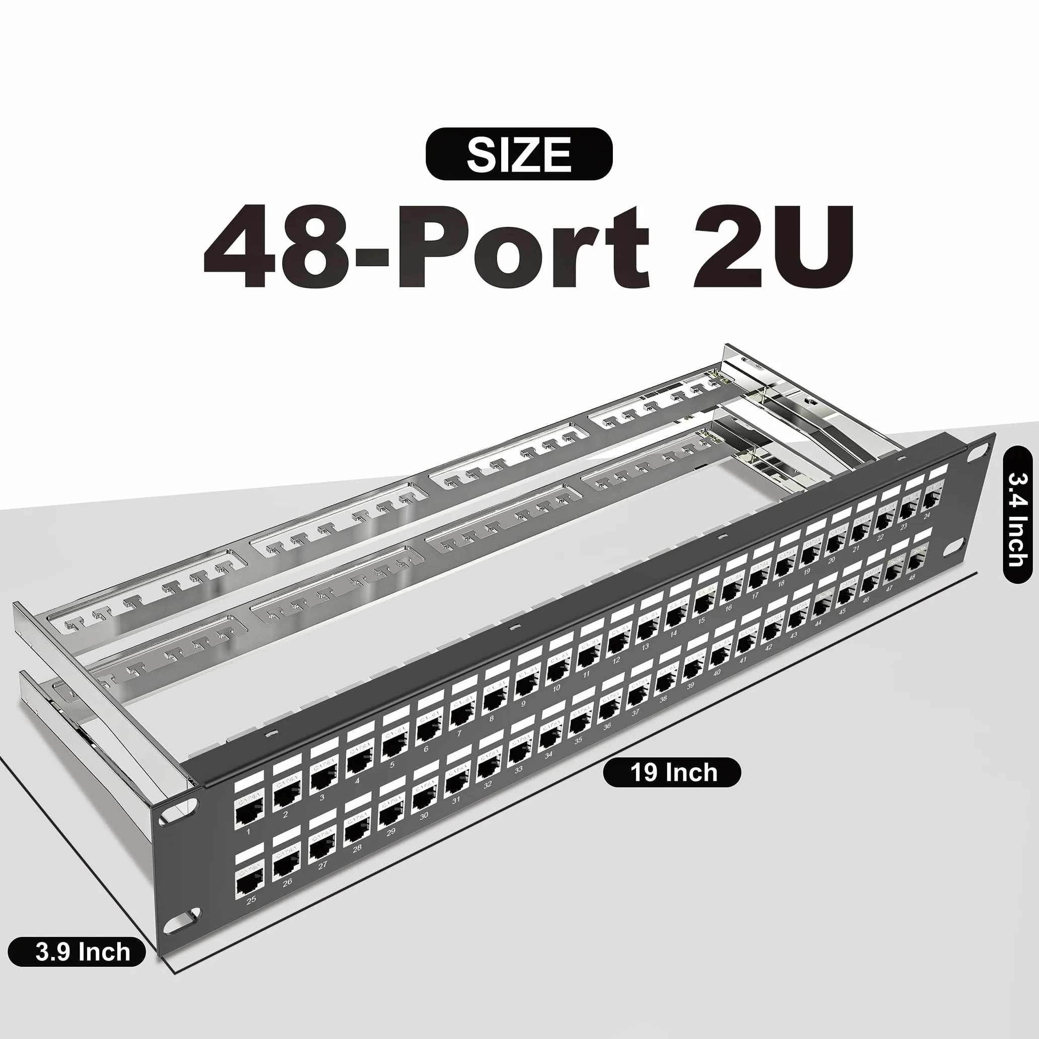 Jadaol Panel de conexión blindado de 48 puertos o montaje en pared de 19 pulgadas, panel de red Cat6A de 2U precargado con 48 acopladores Keystone más 2 paneles Ethernet de repuesto de 10 Gbps con