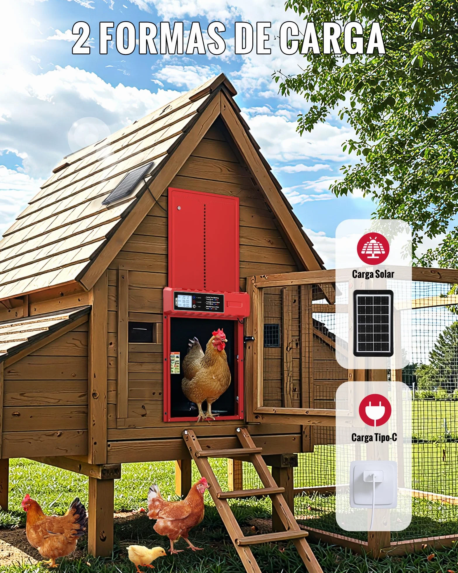 Puerta Gallinero Automatica Solar Roja con 3 Modos, Proteccion contra Pinchazos, Aluminio Resistente a la Intemperie