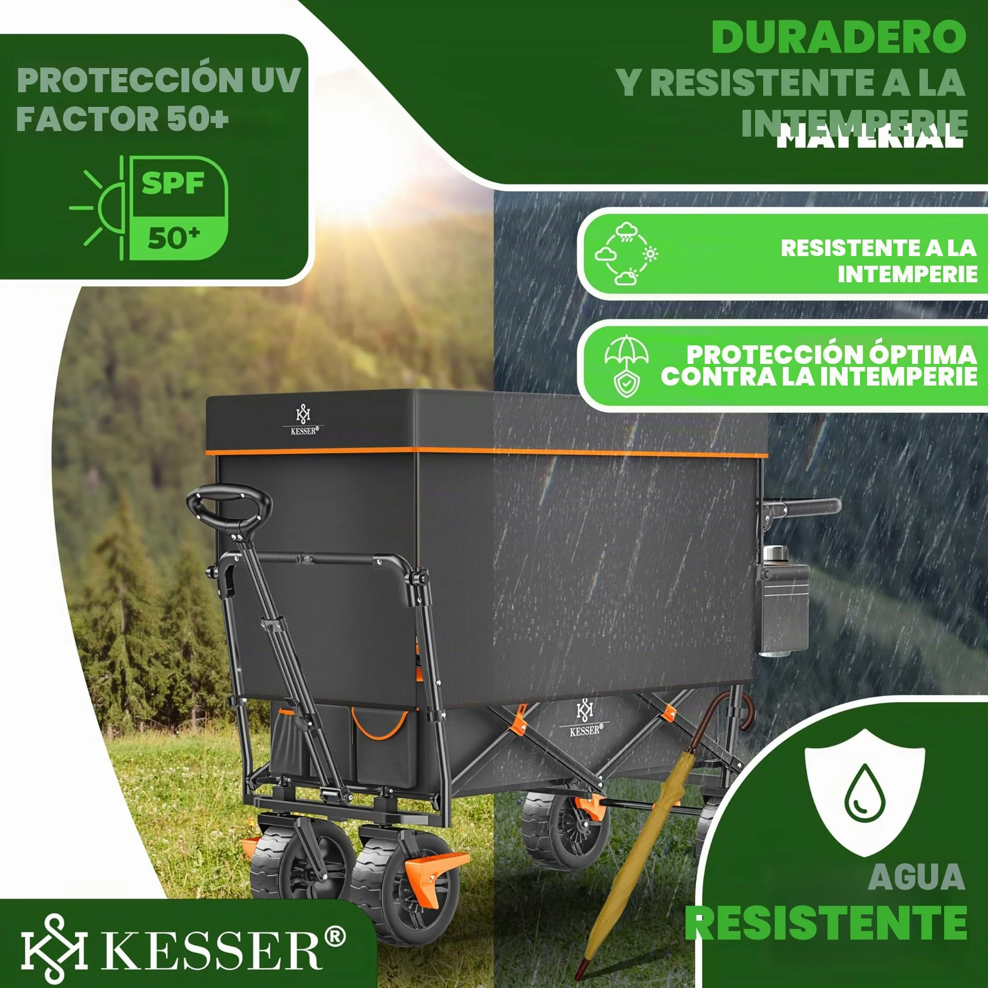 KESSER® Carro plegable GT9000 con techo | Máx. soporta 150 kg, ruedas de goma dura, frenos de estacionamiento (delantero y trasero) | Cerradura, cubierta, clima