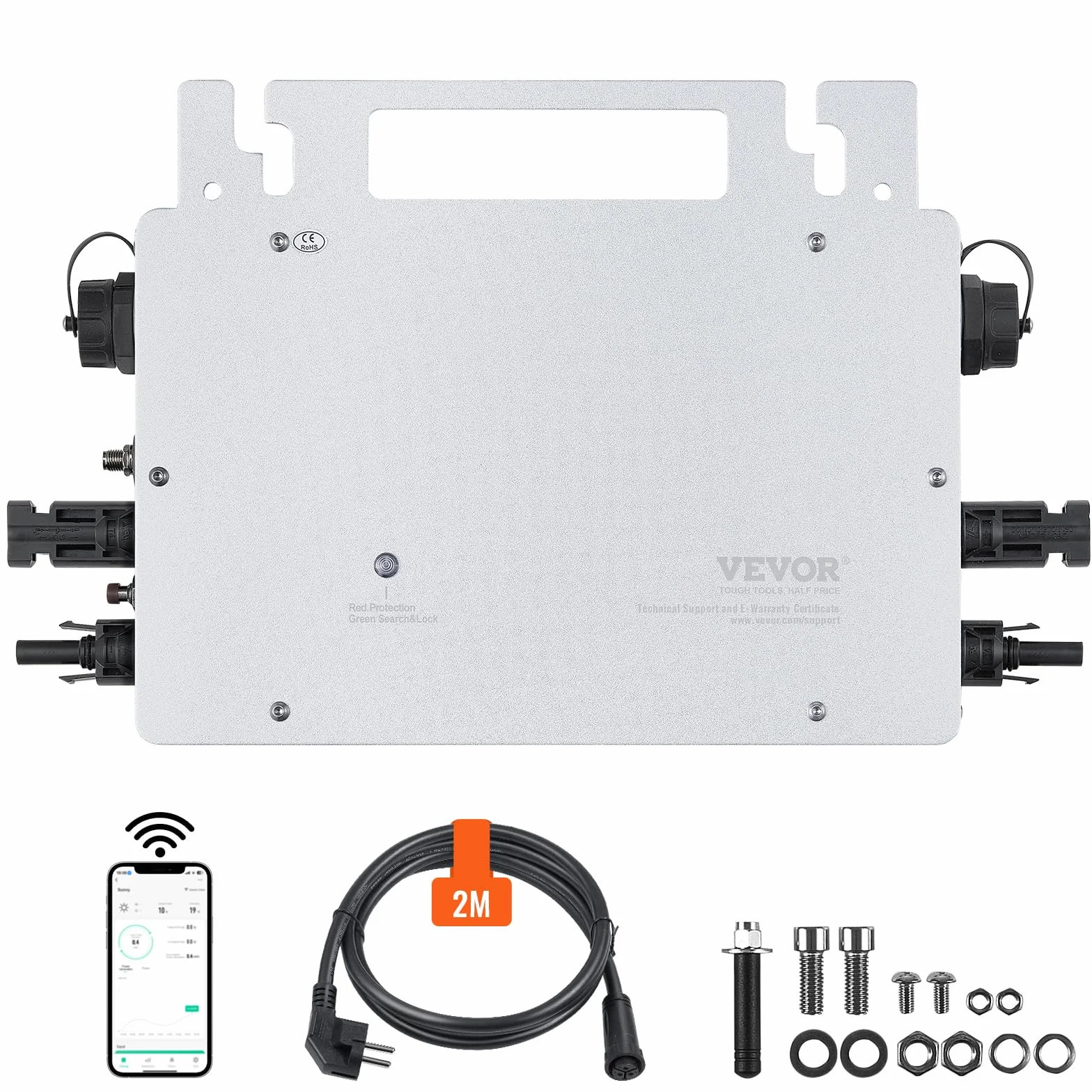 VEVOR Micro inversor Solar Conexión a Red 800W Microinversor Solar IP67 Aleación de Aluminio Impermeable Voltaje CC 18-50V con Antena WiFi App Cable de alimentación para Sistemas de Paneles solares