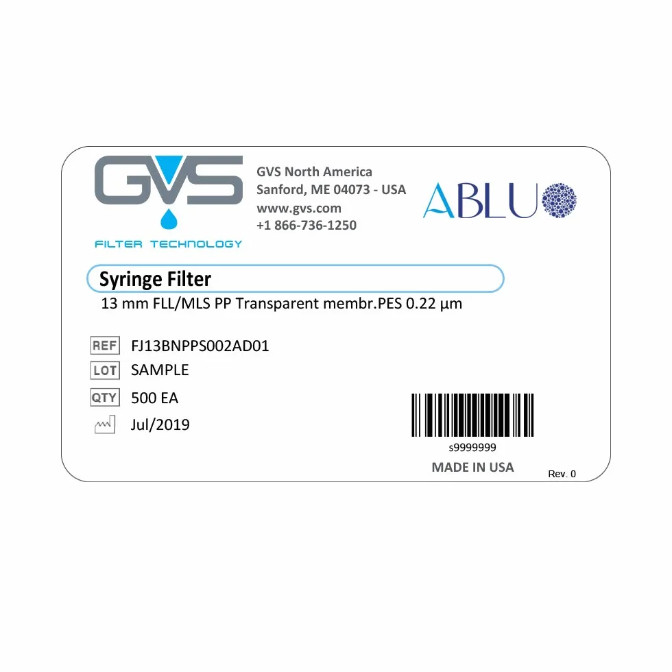 GVS Filter Technology, Filtro de jeringa, ABLUO, 13mm, Membrana PES, 0.22µm, alojamiento PP, 100/pc