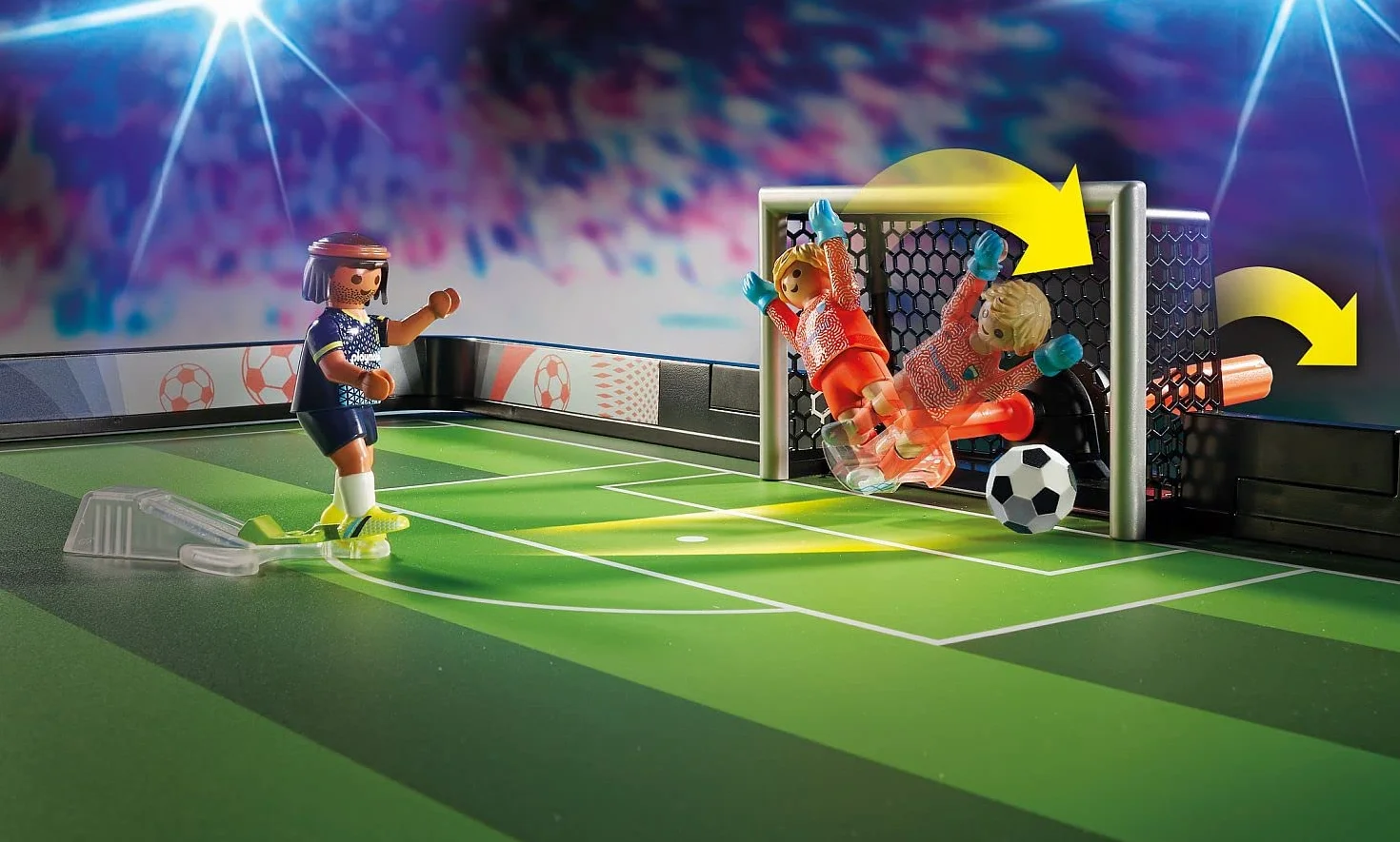 PLAYMOBIL Sports y Action 71120 Campo de fútbol, Futbolín para niños, 2 porteros, 2 futbolistas con función de Patada, 3 balones