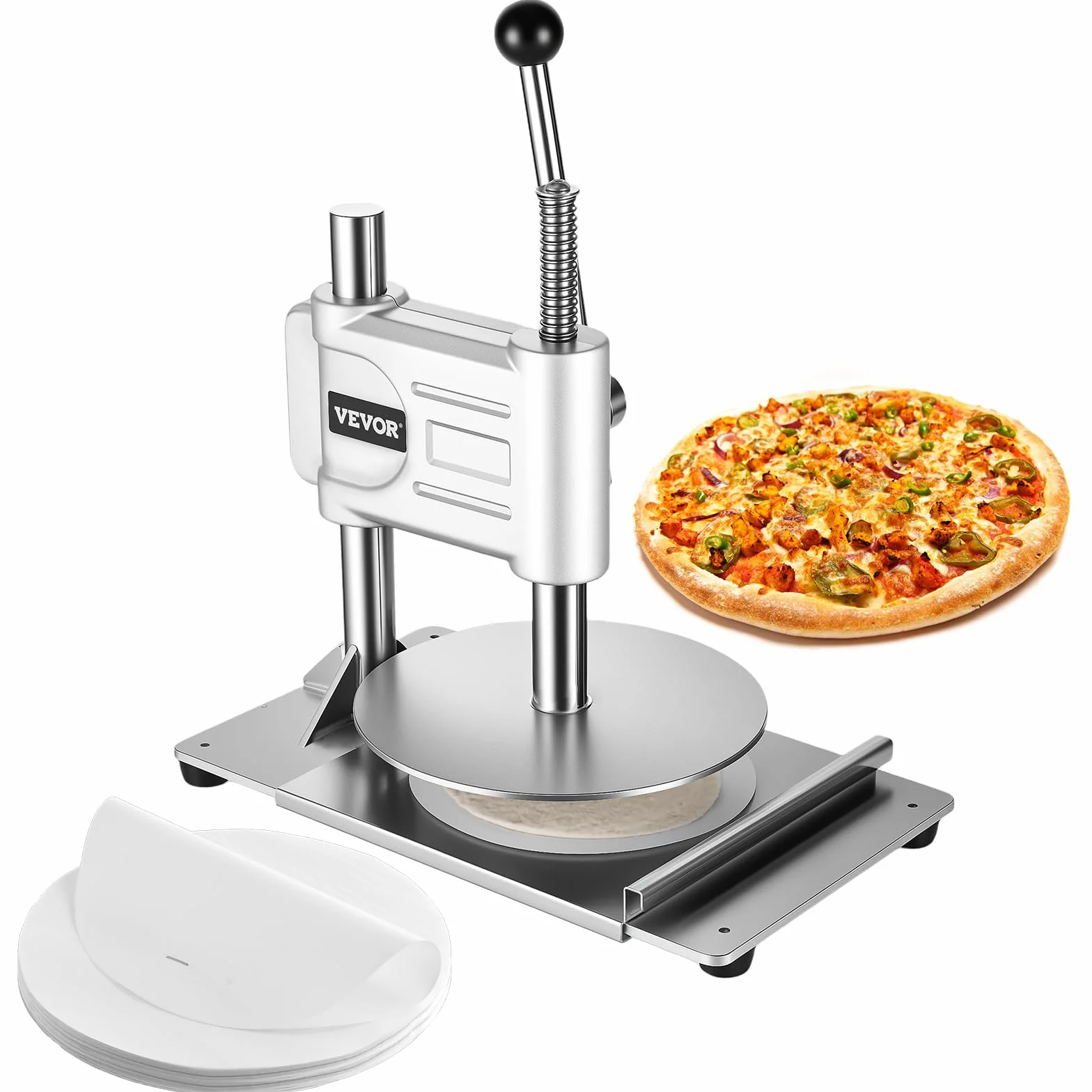 VEVOR Prensa Manual para Masa de Pizza, Placa de 24 cm, Prensa de Pan de Acero Inoxidable, para Hacer Chapatis, Formadora con Asa y 100 Hojas de Papel Pergamino, 400 x 245 x 360 mm, Color Plata