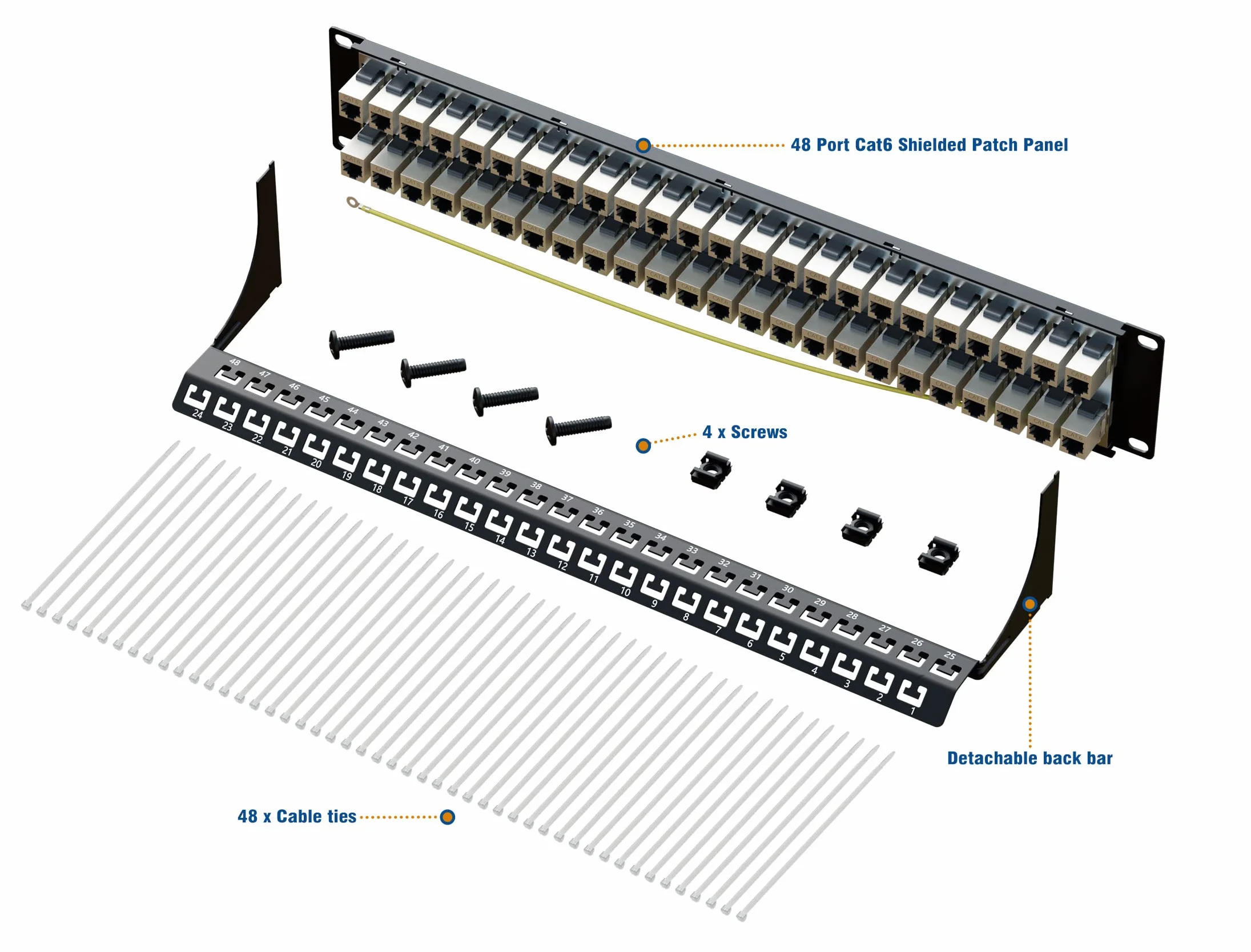 Panel de conexión de 48 puertos RJ45 Cat6 blindado STP de 19 pulgadas 10 Gbps 2U con barra trasera