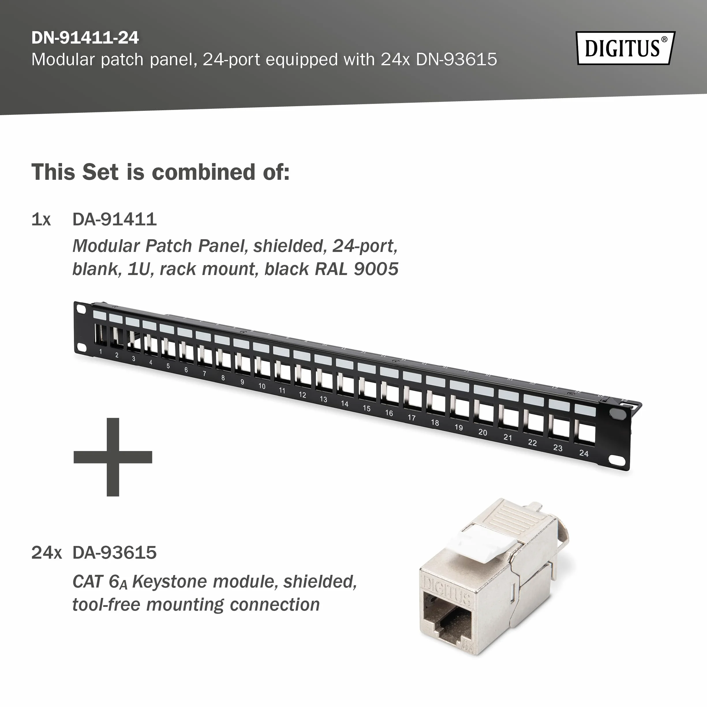 DIGITUS Juego de paneles de conexión CAT 6A 24 puertos DN-93615 500 MHz Montaje en rack 19 pulgadas 1 U Negro