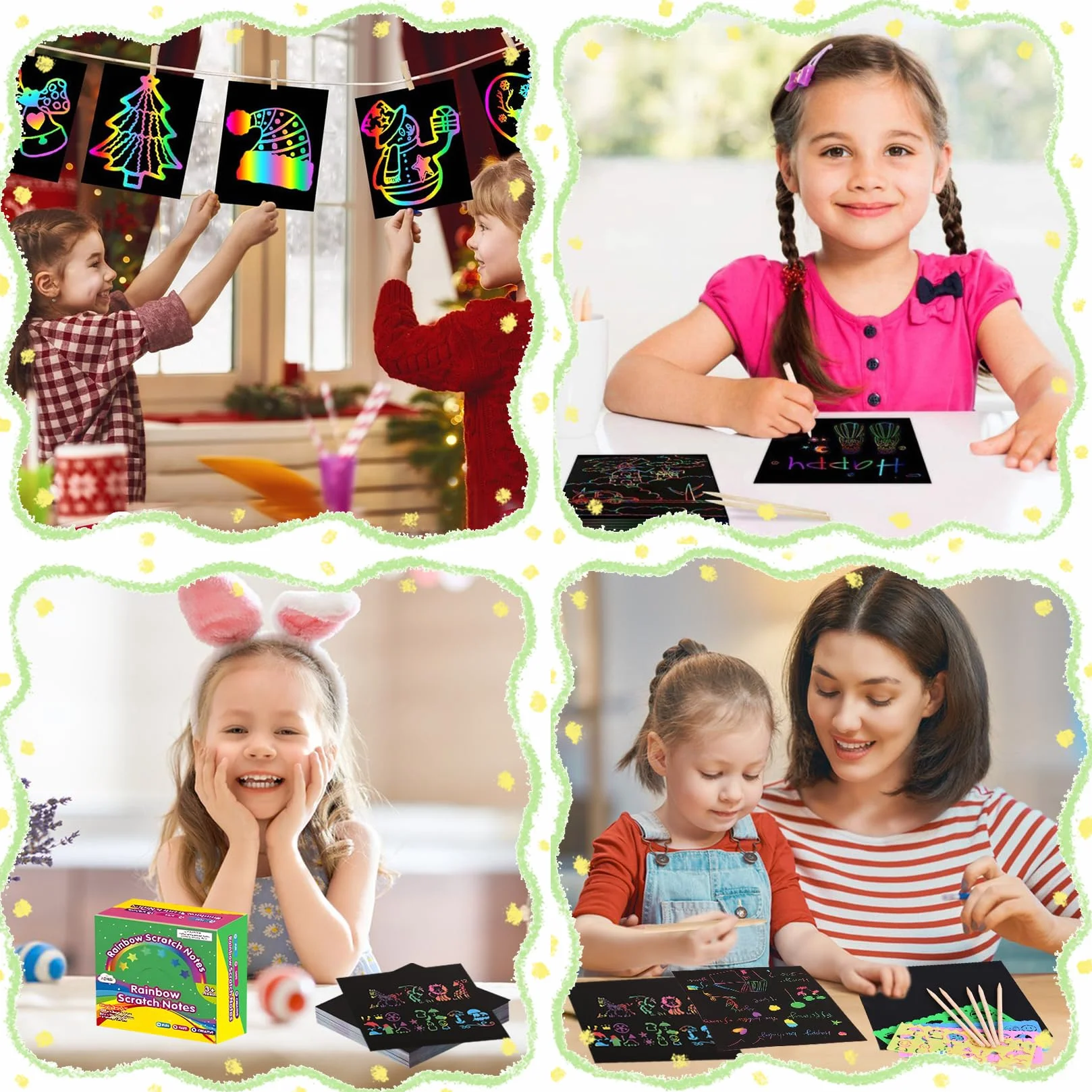 Juego De Dibujos Para Rascar Papel Negro 8,5 Cm Con 4 Bolígrafos Y 4 Plantillas Para Niños