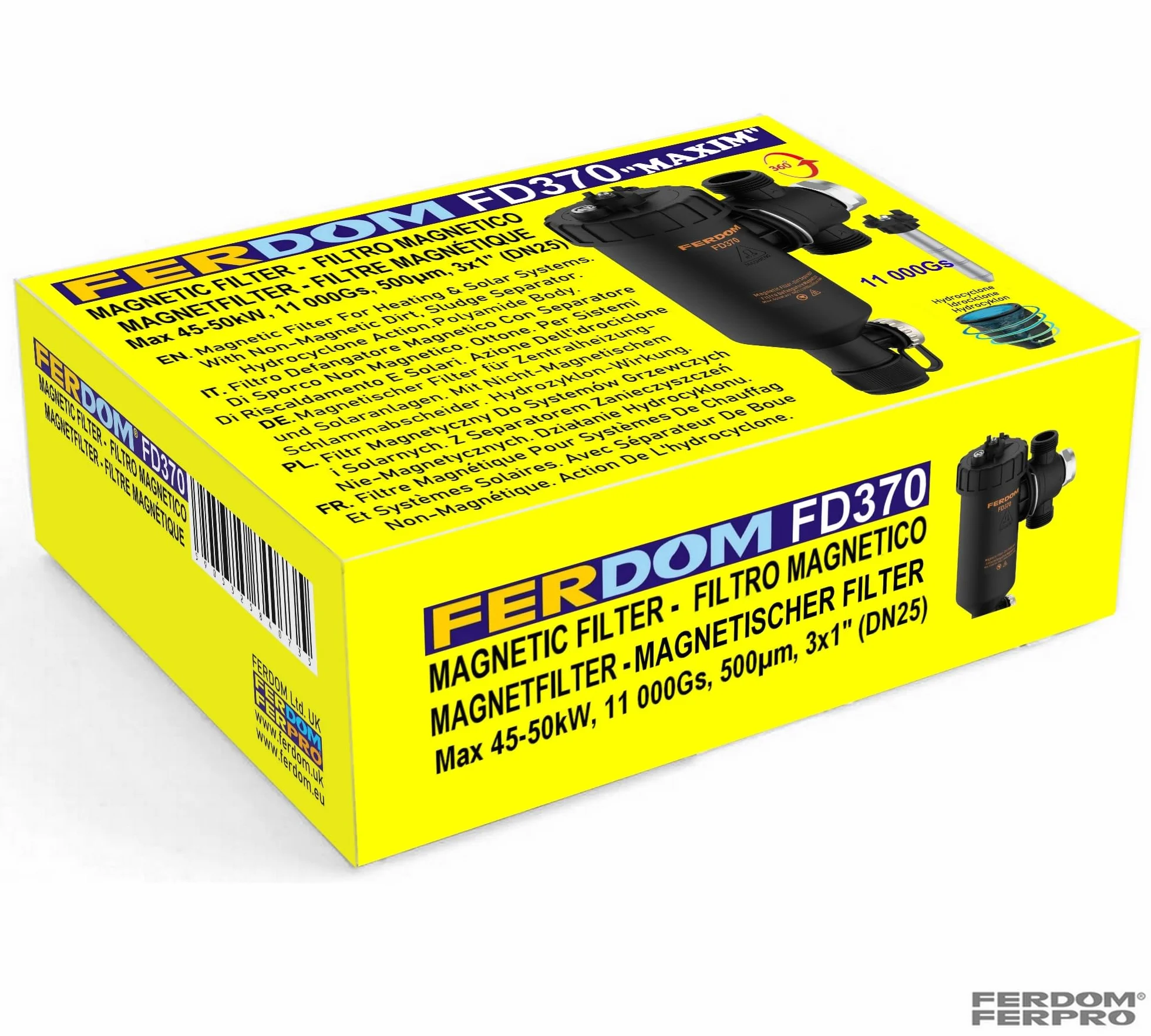 FERDOM FD370 MAXIM 1" (DN25) Filtro Magnético/Hidrociclón Para Sistemas De Calefacción. Imán 11000Gs. Separador De Partículas No Magnéticas - Acero Inoxidable 1000µm. Máx.50kW. 3 conexiones/rotación a