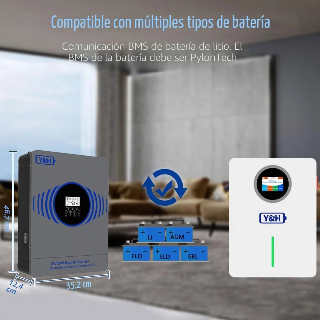 Y&H Inversor solar híbrido de 4200W con dos voltajes de batería 12V 24V integrado MPPT 100A cargador solar máximo potencia PV 4000W entrada con BMS WLAN comunicación independiente de la red