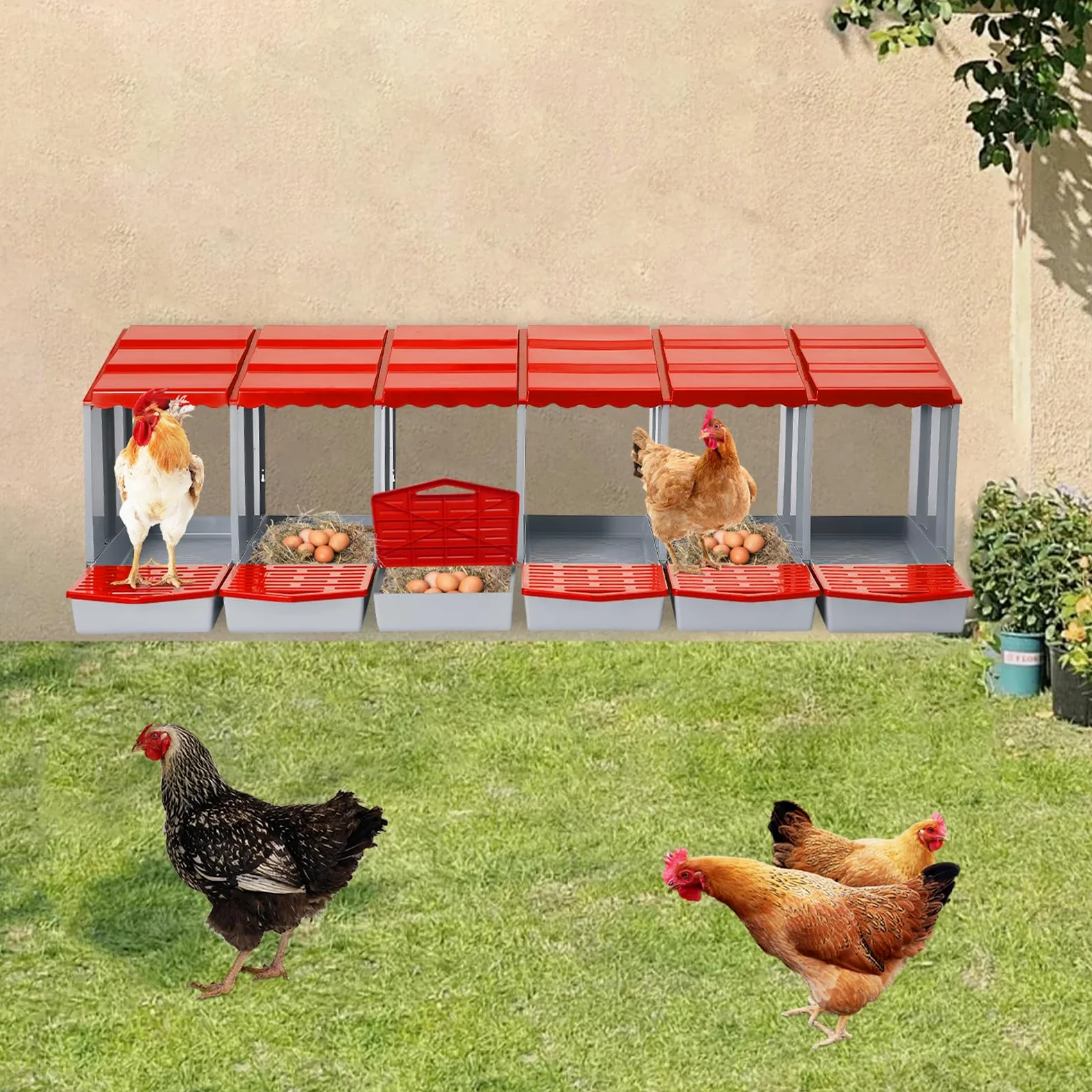 Nido de pollo con 6 cámaras, nido de plástico para montaje en pared, nido de aves de corral para huevos puestos, fácil limpieza (rojo)