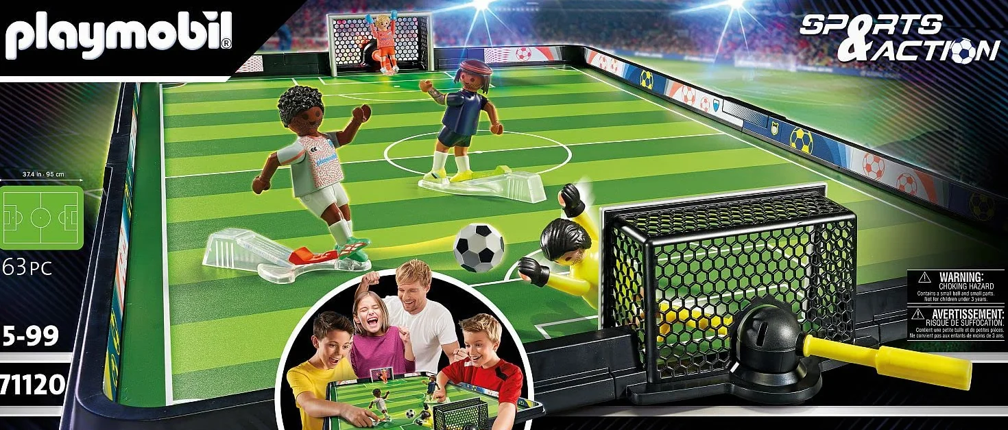 PLAYMOBIL Sports y Action 71120 Campo de fútbol, Futbolín para niños, 2 porteros, 2 futbolistas con función de Patada, 3 balones