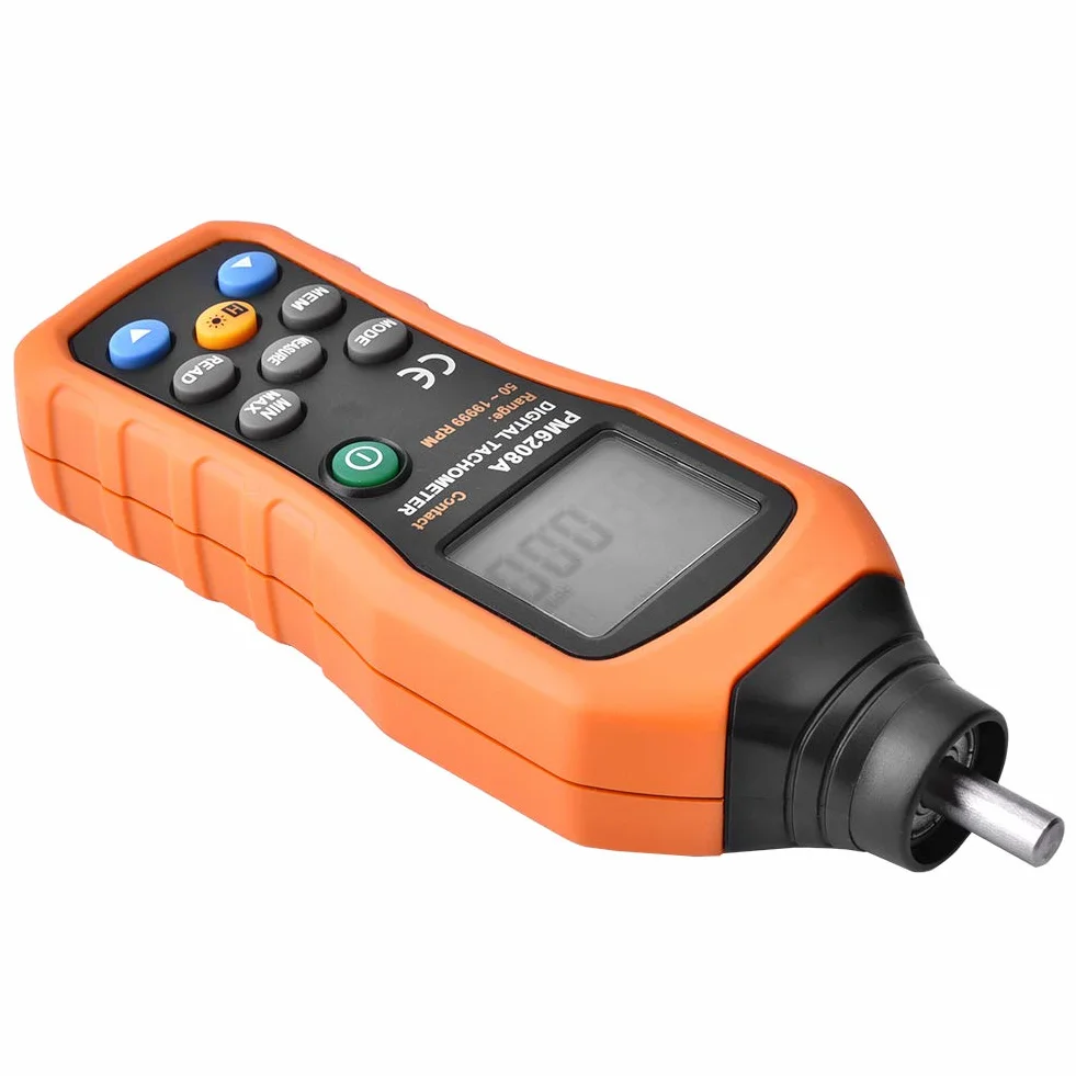 PEAKMETER PM6208A Tacómetro digital contacto Medidor velocidad motor Probador 50RPM - 19999RPM Pantalla LCD