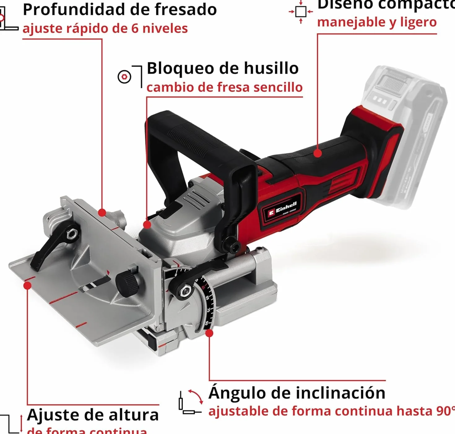 Einhell Fresa engalletadora con batería TE-BJ Li-Solo Power X-Change (18V, iones de Li, ajuste de ángulo/altura continuo, regulación de profundidad de 6 niveles, sin batería ni cargador)