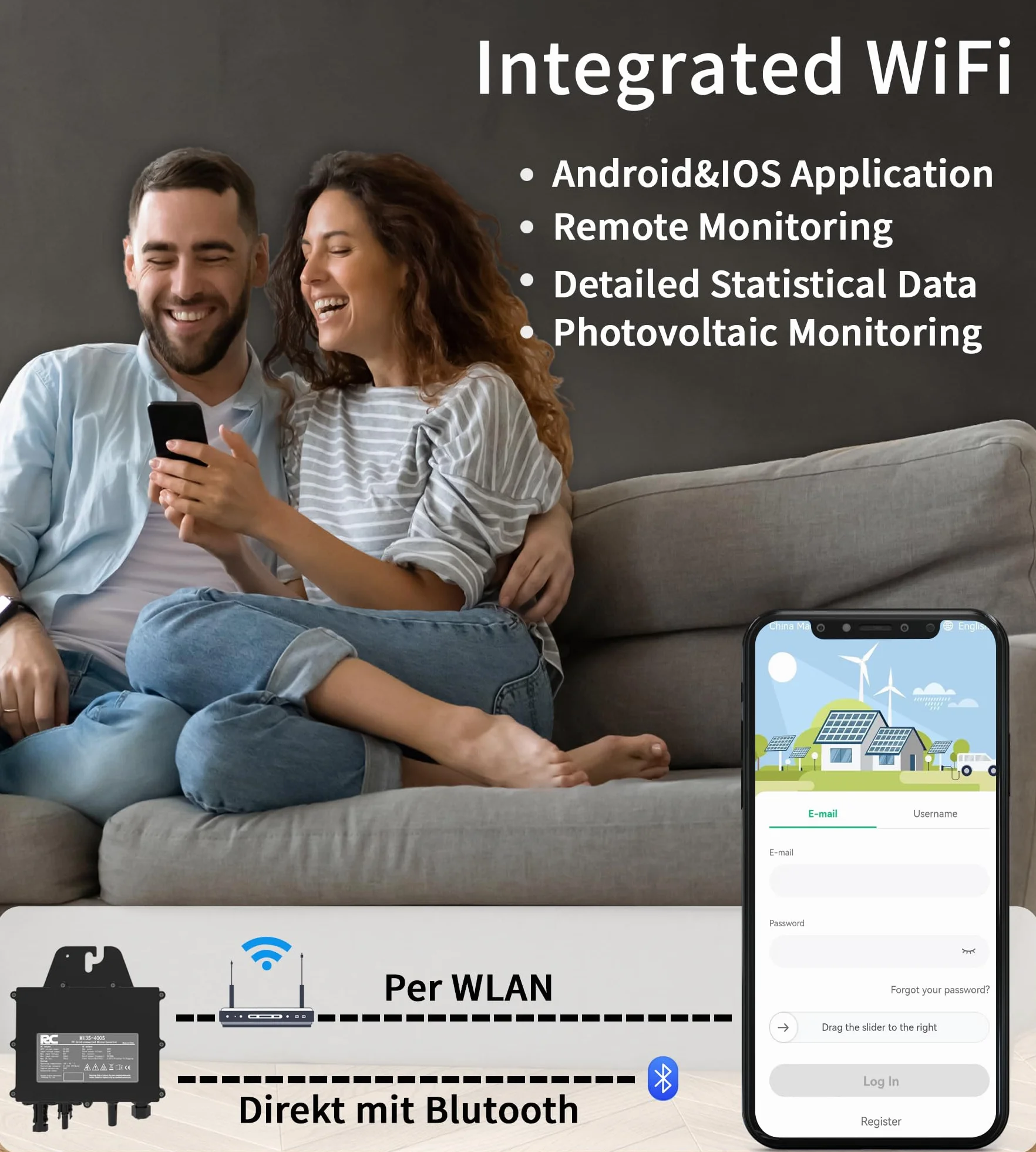 Microinversor RC de 400W, Entrada de 25-60V CC, inversor de módulo fotovoltaico, microinversor MPPT, Control de la aplicación Mediante Wi-Fi
