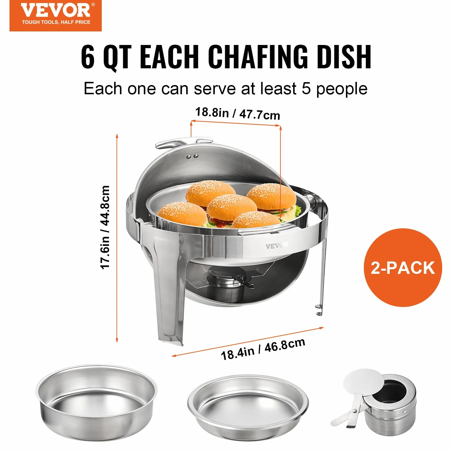 VEVOR Juego de 2 Calientaplatos Redondos 5,5 L Acero Inoxidable para Buffet