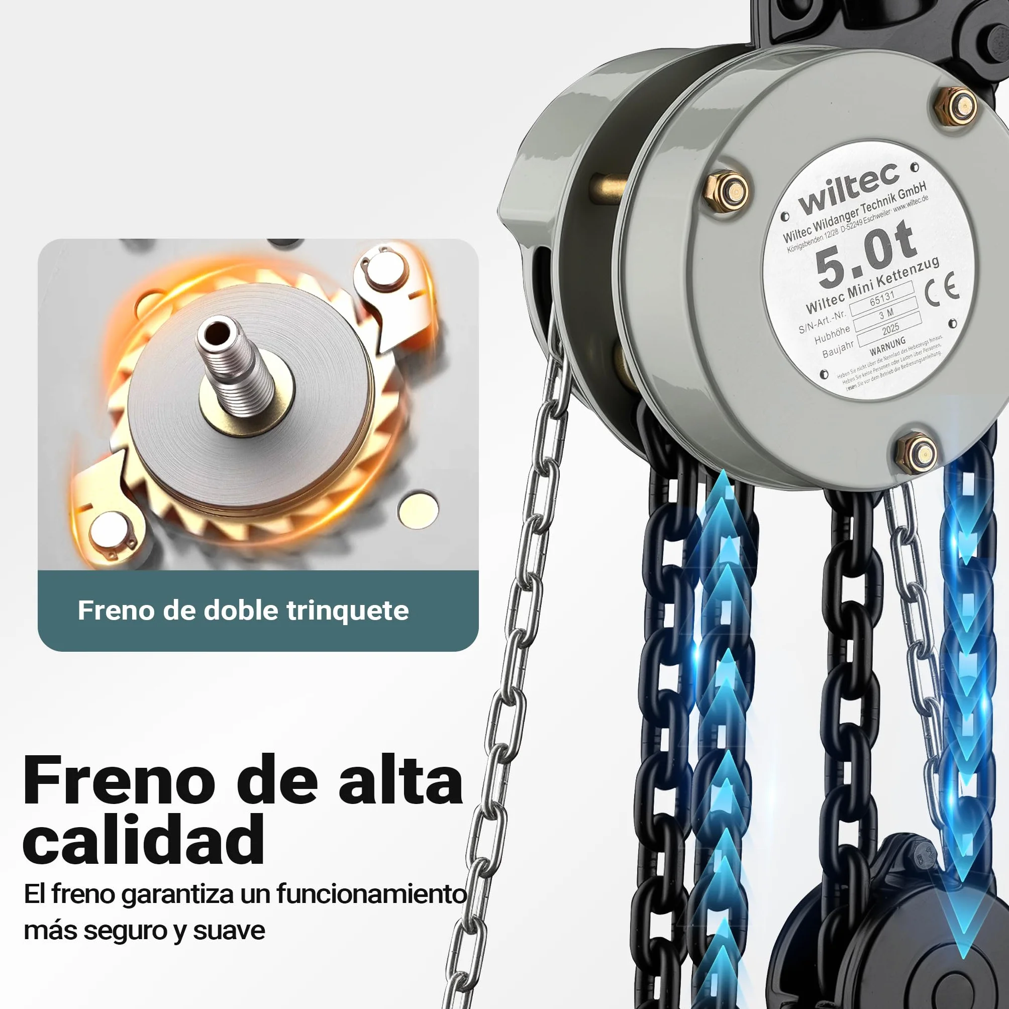 Wiltec Mini polipasto manual de cadena capacidad de carga hasta 5 t altura de elevación hasta 5 m cadena G80 de 5 m ganchos giratorios ideal entornos industriales y profesionales