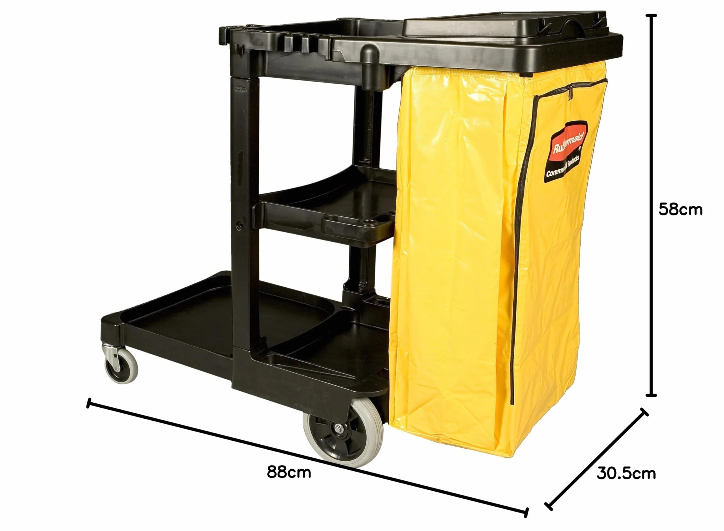 Rubbermaid Commercial Products 1805985 Carro de Limpieza con Bolsa de Vinilo, 2 Ruedas Fijas, 2 Ruedas Giratorias, Negro, 97.5 cm x 116.8 cm x 55.2 cm