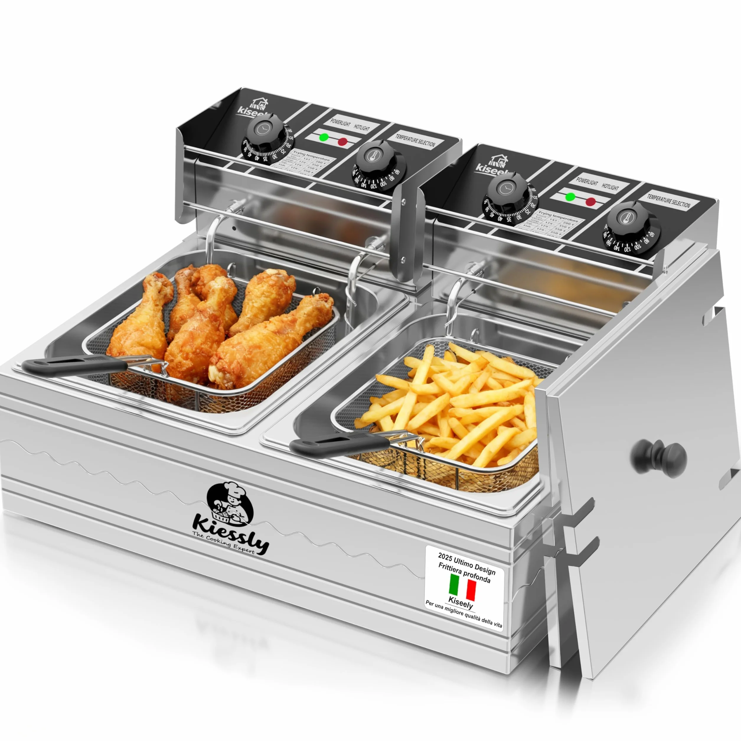 Freidora eléctrica de 20L, freidora comercial de 3500W con cestas y tapas, freidora de cocina de acero inoxidable con doble tanque y control de tiempo y temperatura (Freidora doble de 20L)