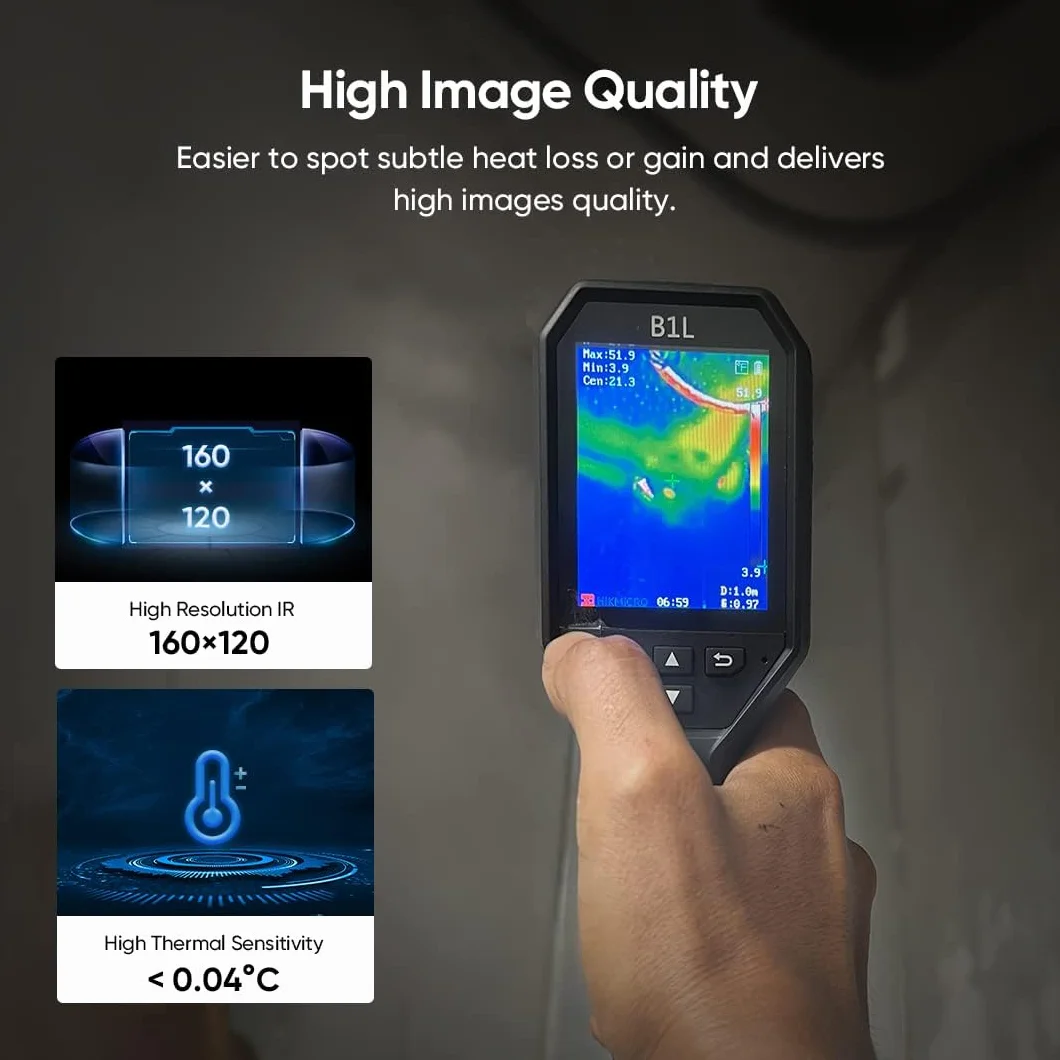 HIKMICRO B1L Cámara termográfica de resolución IR de 160 x 120 con WiFi, 25 Hz, pantalla LCD de 3,2", cámara termográfica infrarroja portátil de 19.200 píxeles con alarma de alta temperatura