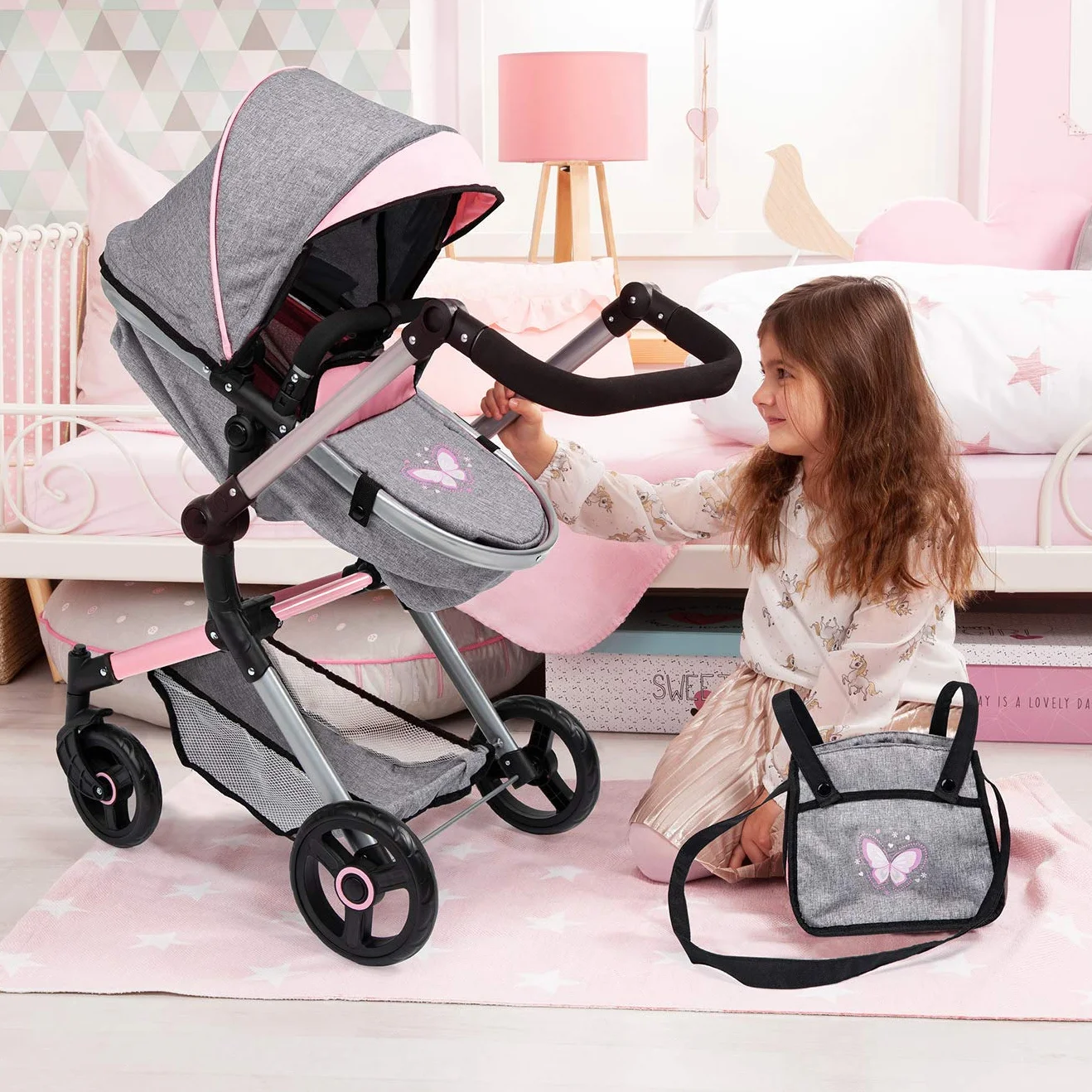 Bayer Design Cochecito de Muñecas Neo Vario Combolso Cambiador Convertible Plegable Vaqueros Grises Rosa Mariposa
