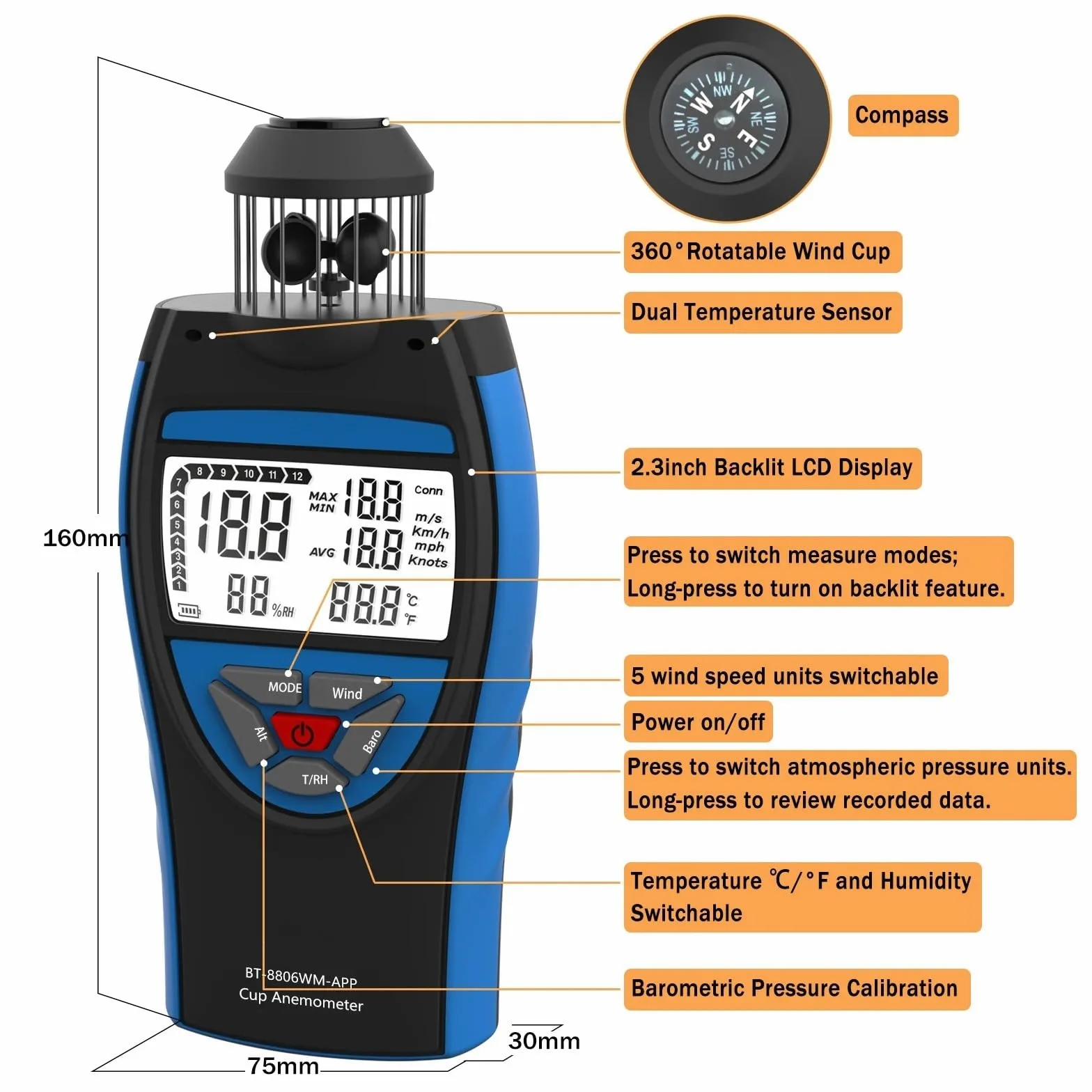 Anemómetro, Anemómetro digital de 0,3 a 42 m/s, velocidad del viento, volumen aire promedio HVAC, altitud en CFM, presión barométrica