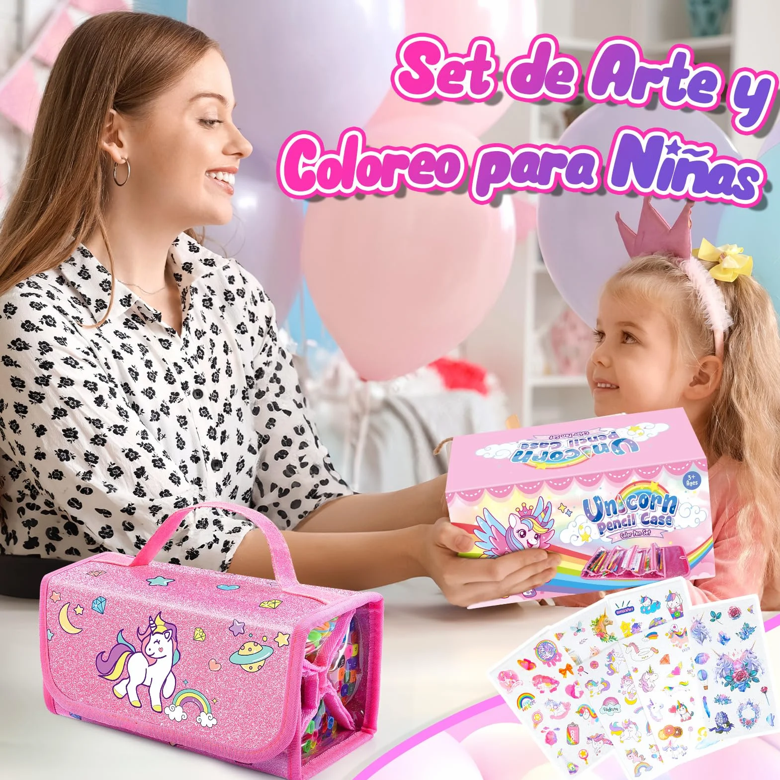 Maletin Pinturas para Niños Acuarelas Marcadores Regalo Niña 3-10 años Estuche 48 Pinceles Pegatinas Impermeable Fácil de Limpiar Rosa