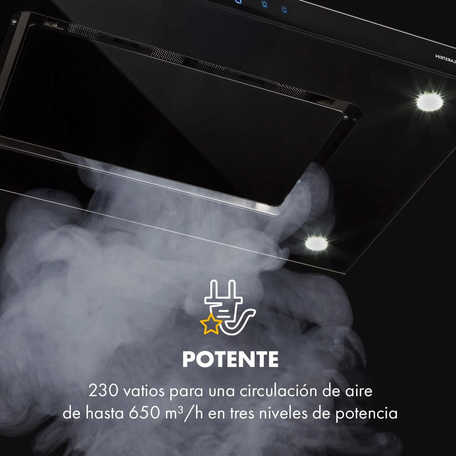 Klarstein Valeria Campana Isla 230W 650 m³/h 3 niveles potencia LED panel táctil vidrio acero inoxidable plateado