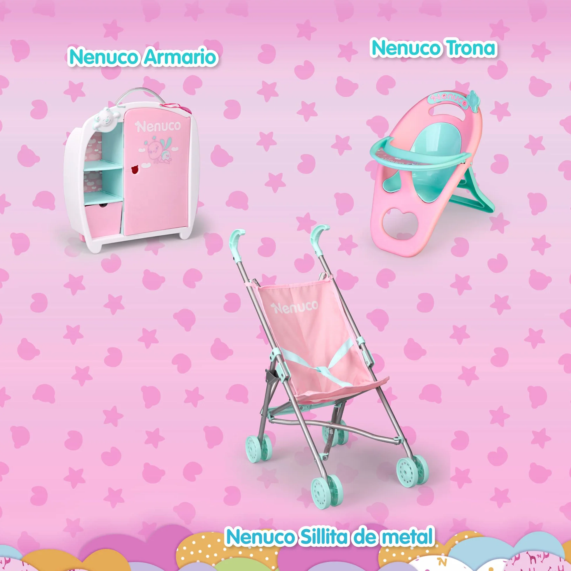 Nenuco Sillita de Metal Carrito de Paseo Juguete Rosa Azul Metálica Plegable 3 años