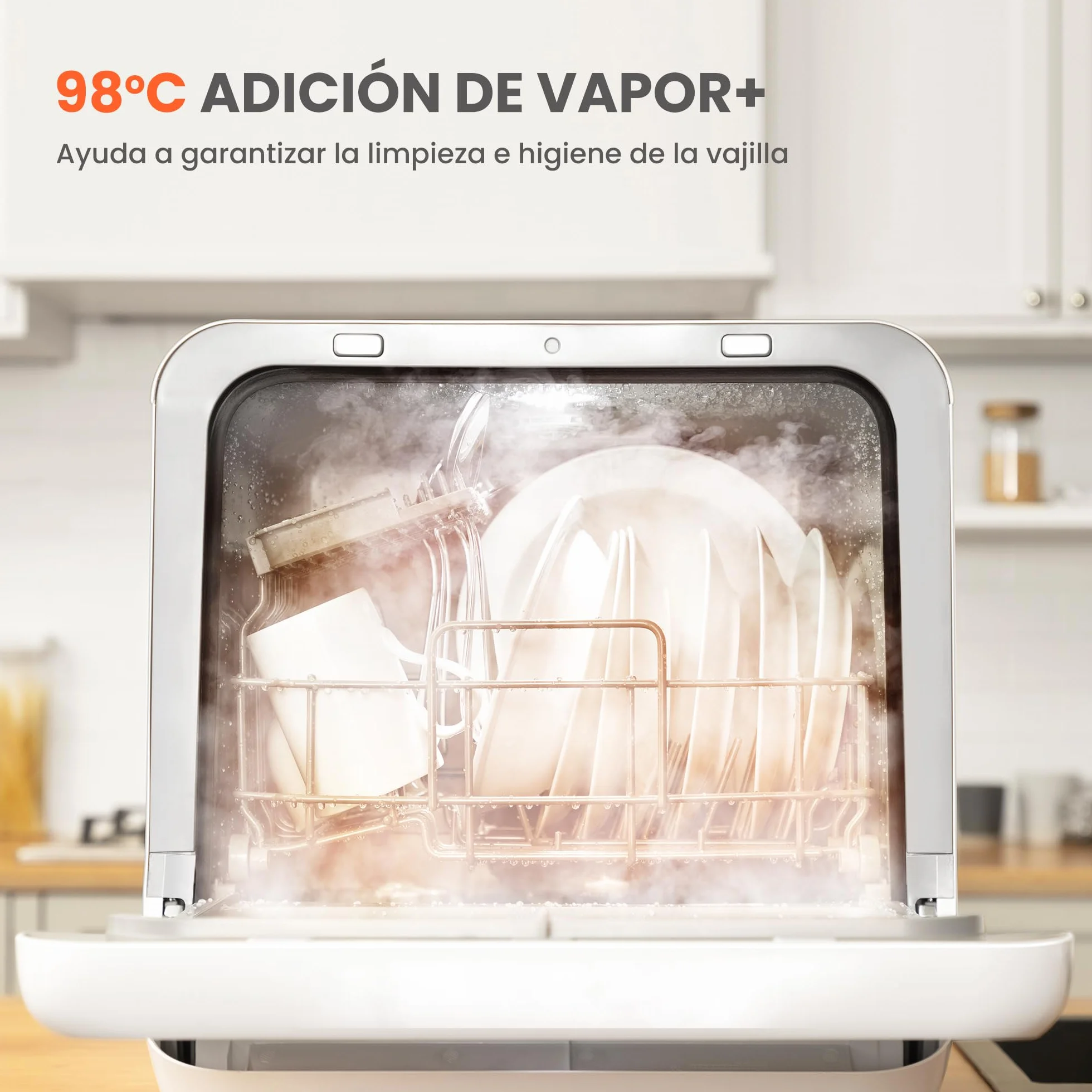 COMFEE' Lavavajillas de Encimera Mini, 6 Programas, Lavado con Vapor, Cuidado del Bebé, Lavado de Frutas, Sin Fontanería, Inicio Diferido, 72h Almacenamiento, Blanco