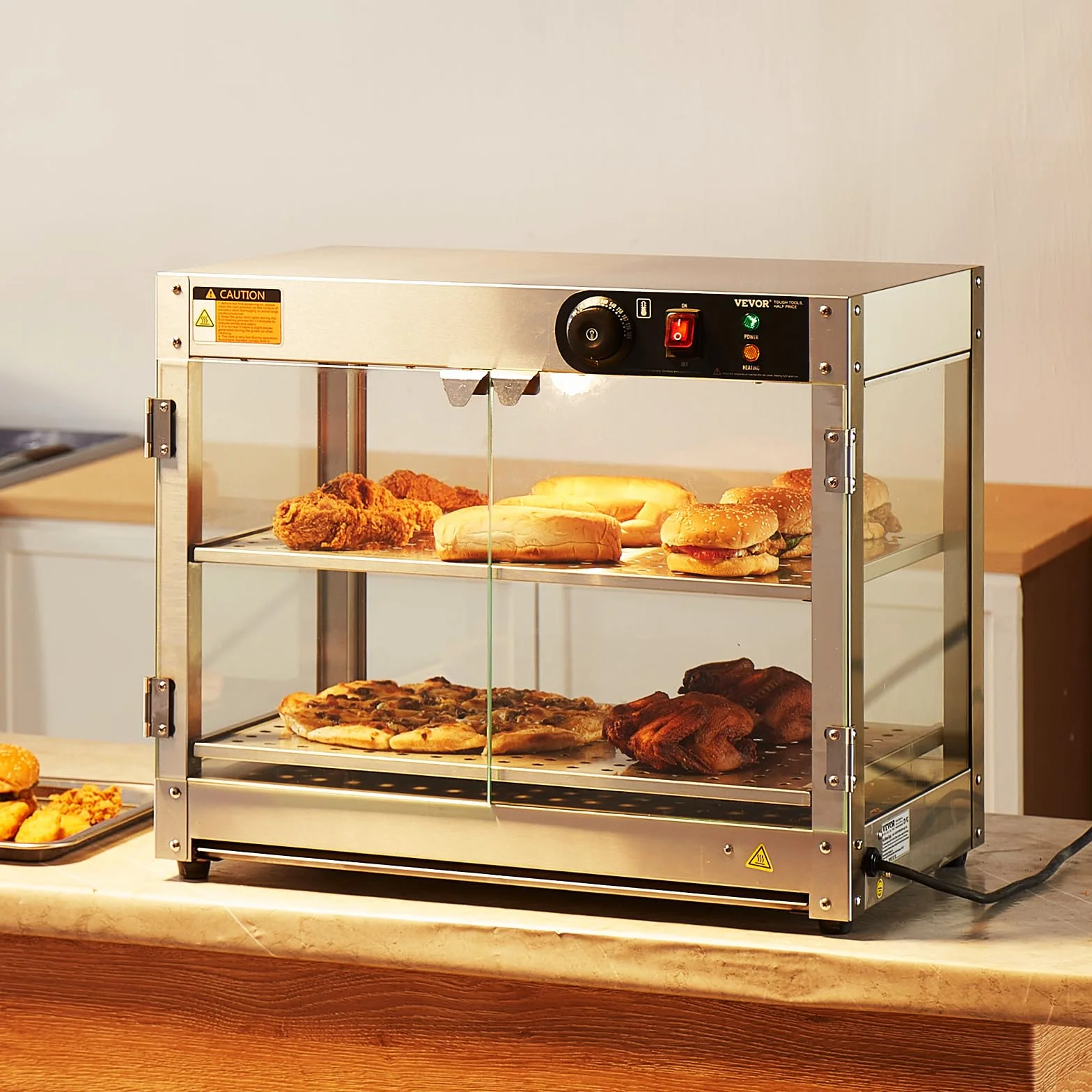 VEVOR Calentador de Alimentos Comercial de 2 Niveles, 800 W con Luz para Mejorar la Exhibición de los Alimentos, Control de Temperatura de 30~85 ℃, Gran Capacidad de 58 L, 610 x 380 x 510 mm, Plata