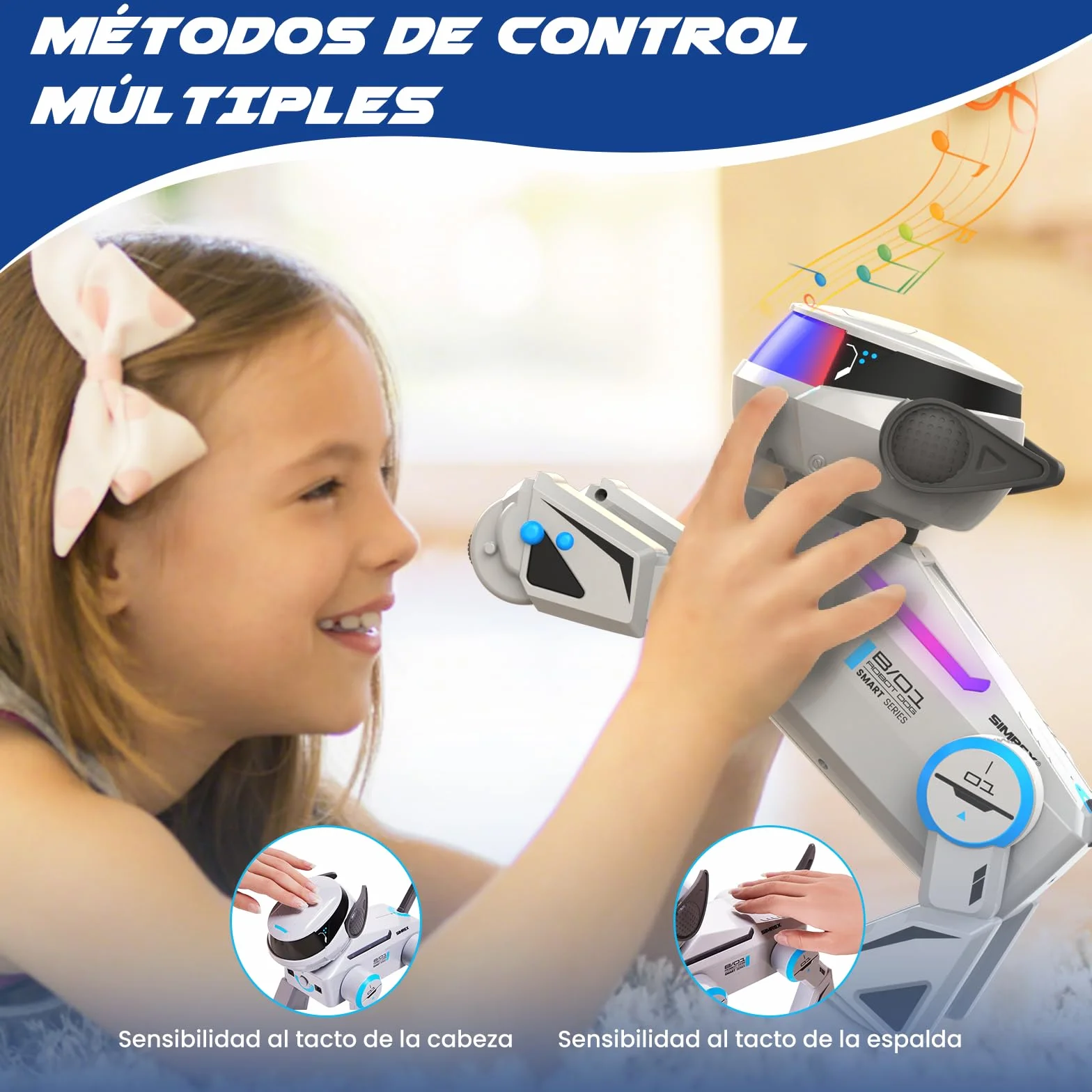 SIMREX Robot Perro Juguete Inteligente Interactivo con Sensor Táctil Control Remoto Bluetooth Ojos LED Gris