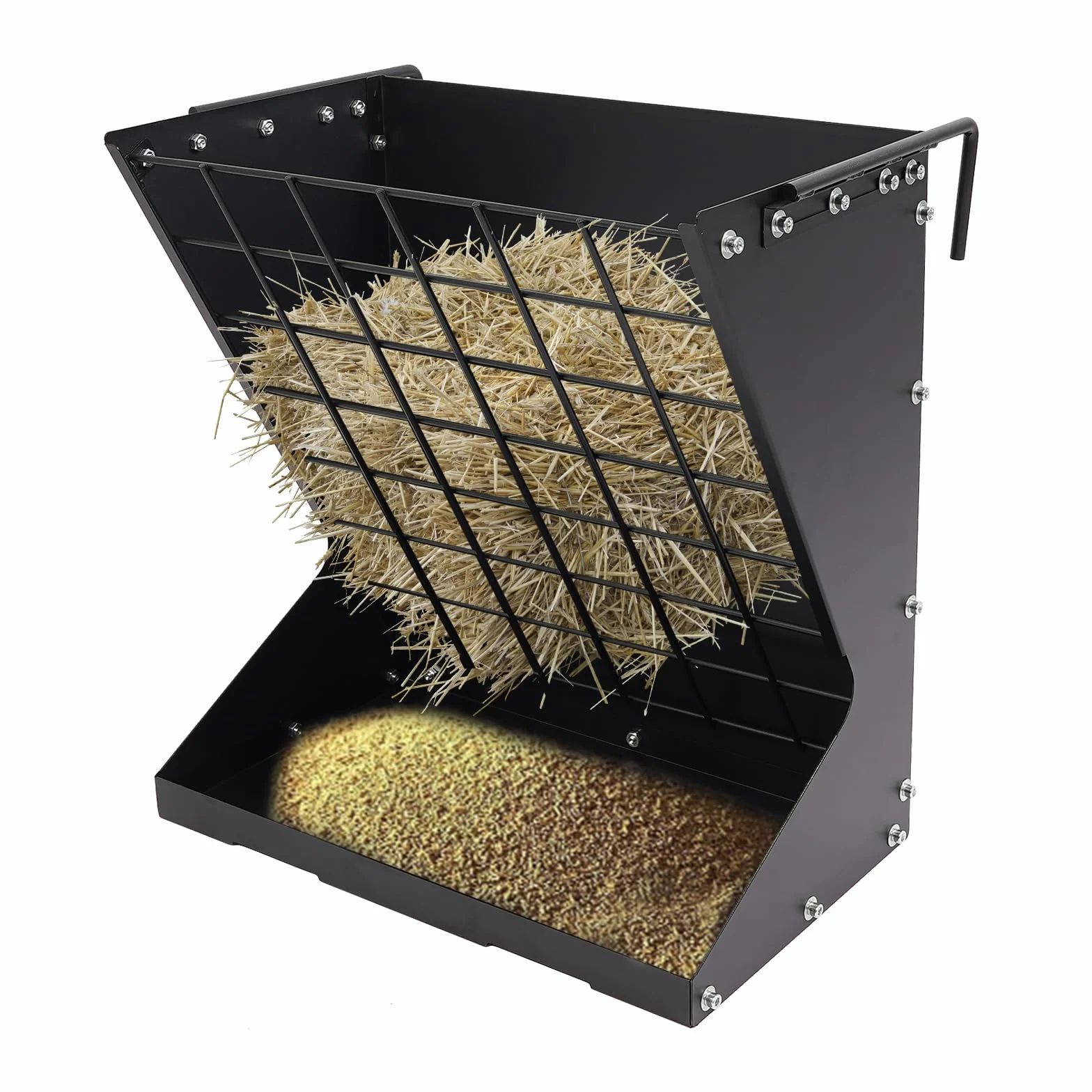 2 en 1 heno y grano/alimentador independiente de cabras comederos de heno para caballos, cabras y heno alimentador adecuado para la alimentación de ovejas, caballos, vacas, etc. (negro)