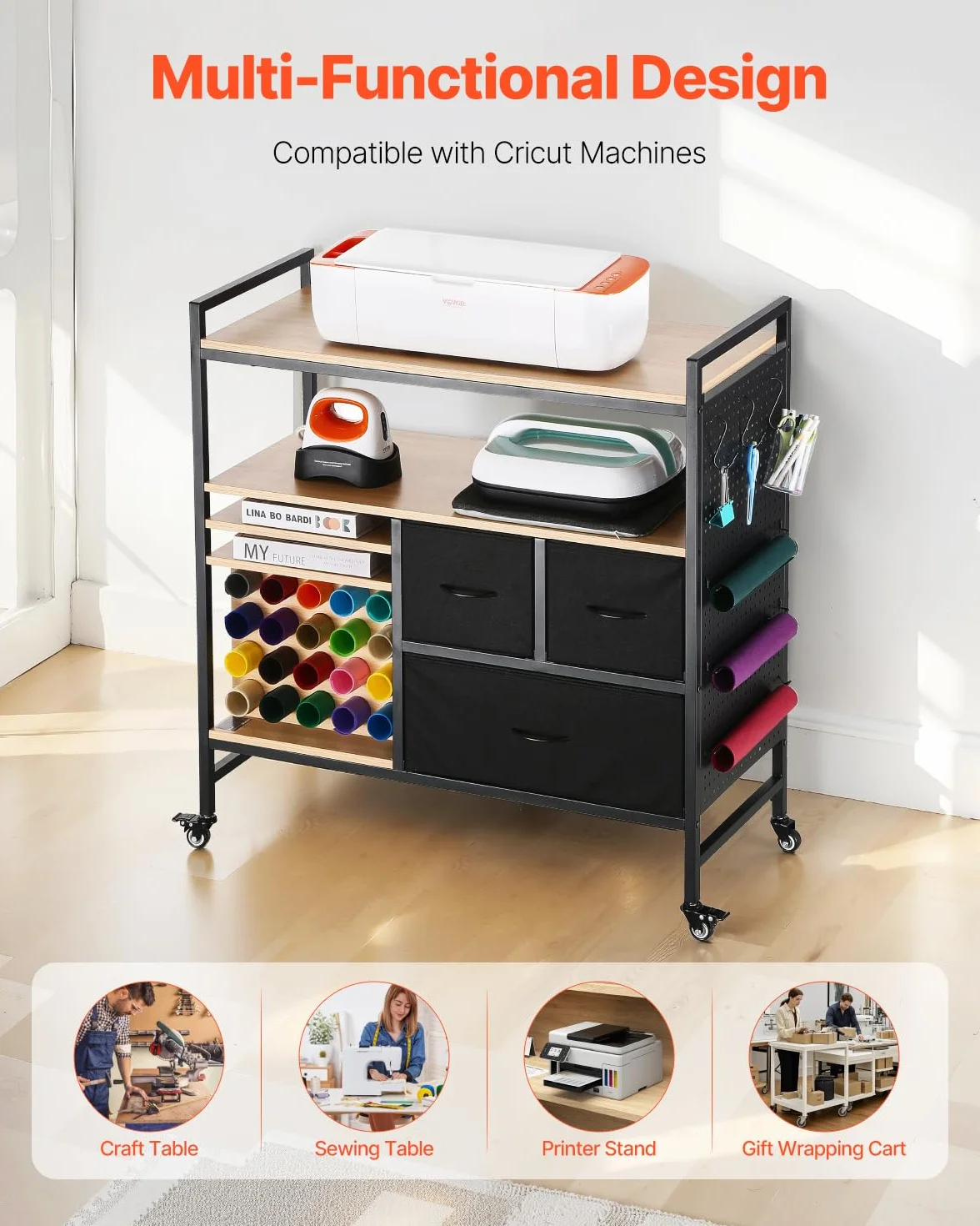 VEVOR Carrito de Manualidades con Ruedas y Mesa de Almacenamiento, Mesa Cricut Plegable con Lados Plegables, 20 Soportes para Rollos de Vinilo y 3 Cajones, Compatible con Máquinas Cricut, Negro