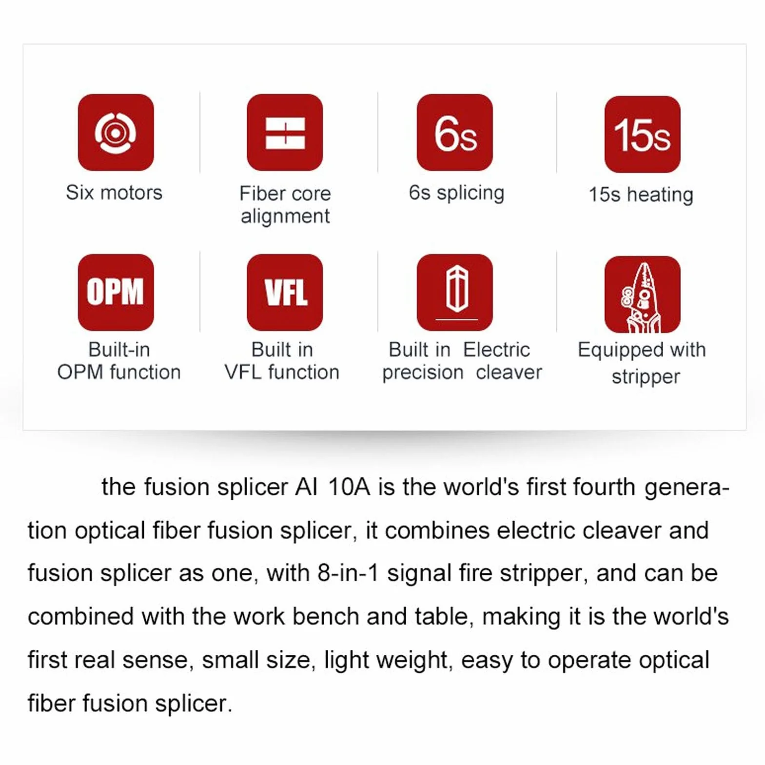 Empalmador de Fusión de Fibra óptica AI-10A, con Cuchillo de Corte Eléctrico de Alta Precisión Pelacables de Fibra óptica con Función VFL OPM, Empalme 5s Calefacción 15s (Enchufe