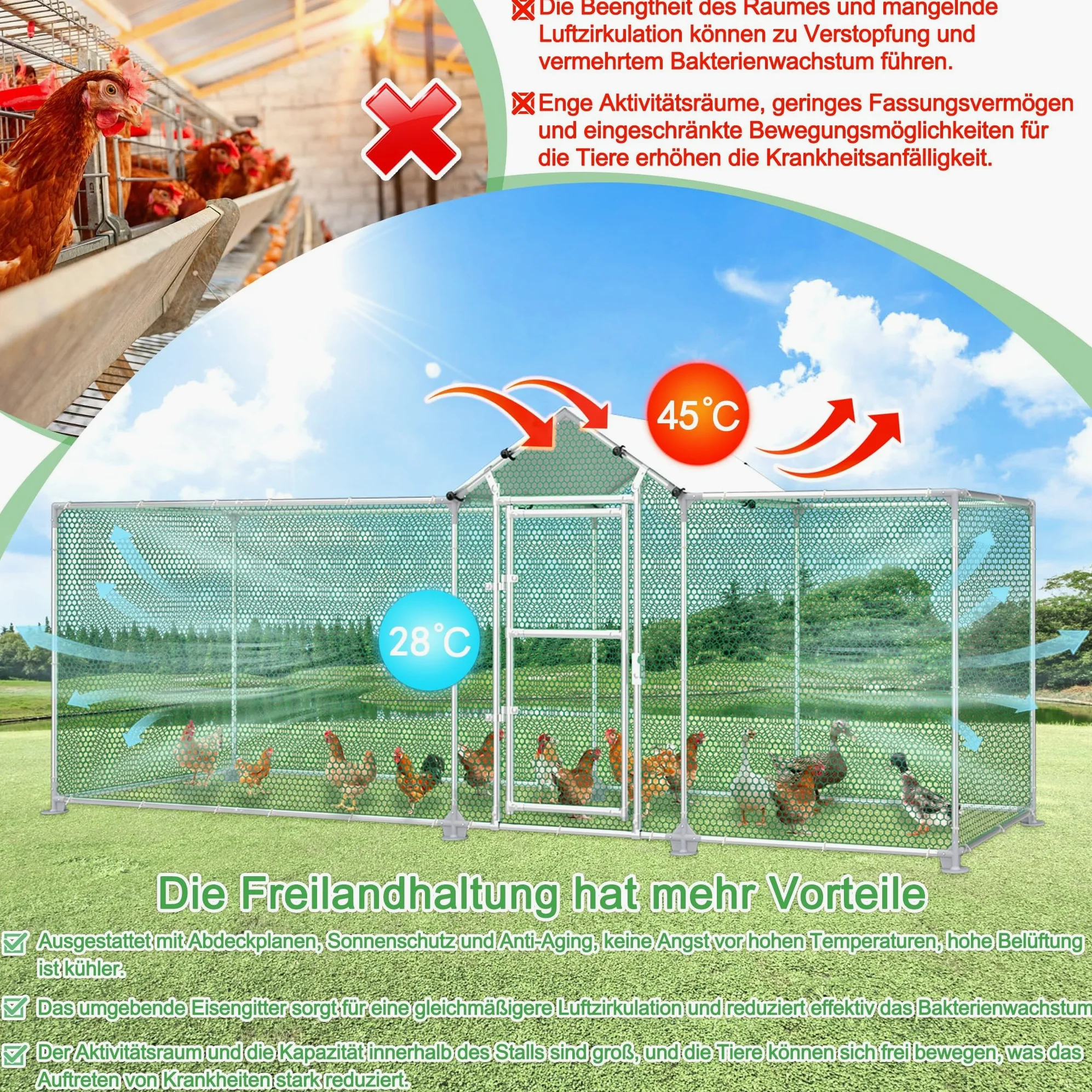 UISEBRT Gallinero para gallineros, 4 x 1 x 1,5 m, estructura de acero galvanizado, con cerradura para gallinas, animales pequeños