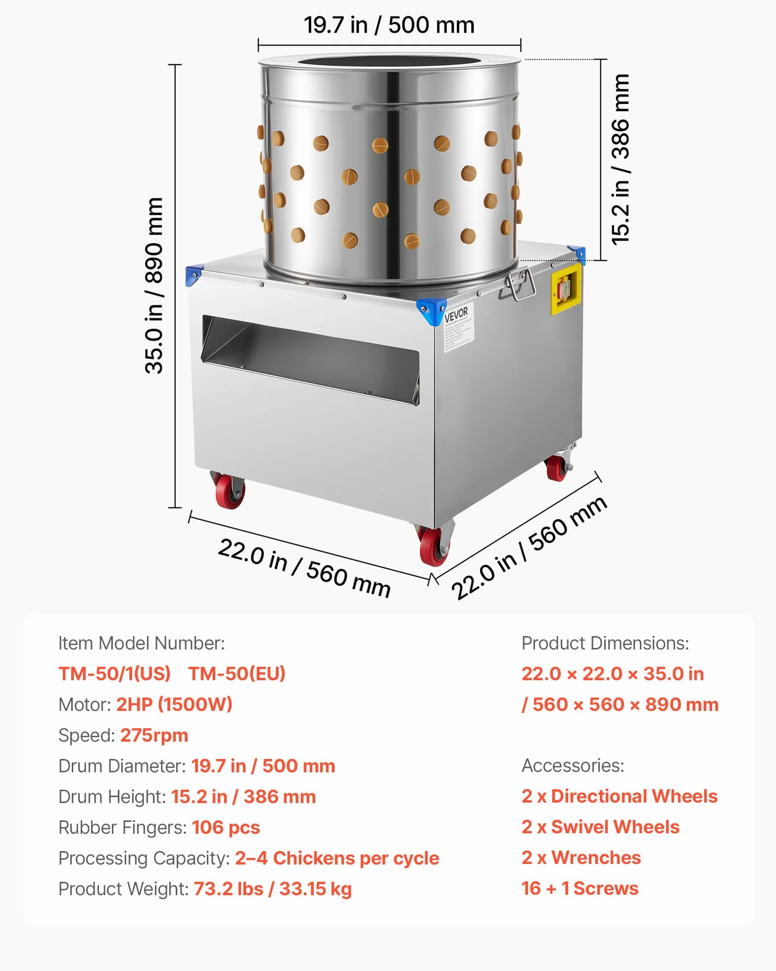 VEVOR Desplumadora Eléctrica de Pollos, Tambor 50 cm, 1500 W, 275 RPM, con 106 Dedos Suaves y Ruedas de Transporte, Acero Inoxidable, para Procesar de 2 a 4 Pollitos a la Vez, 560 x 560 x 890 mm