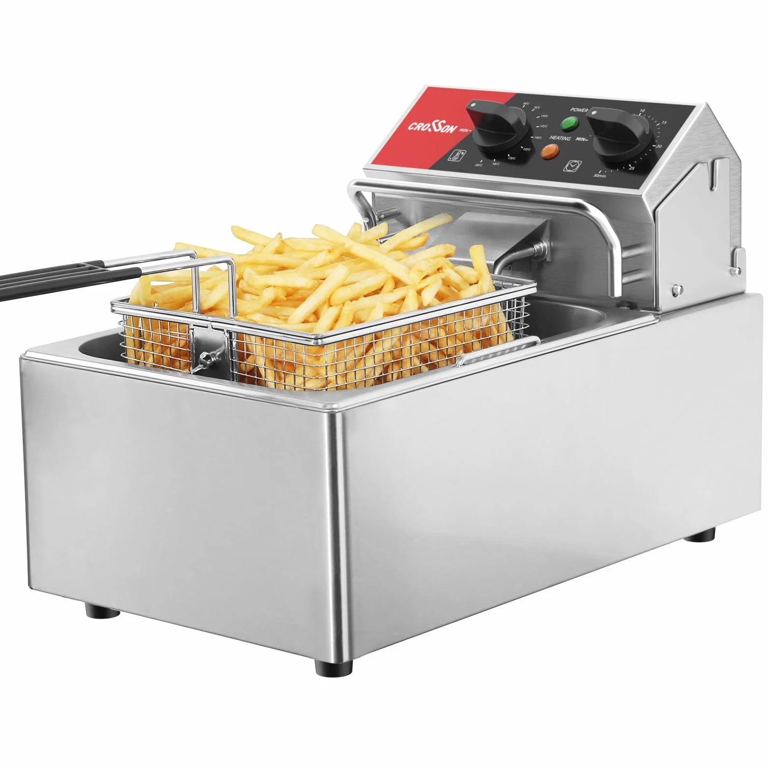 CROSSON 6L Freidora de Aceite Commercial,Freidora Eléctrica Profesional en Acero Inoxidable 3000W con Temporizador y Control de Temperatura,Cabezal de freidora oscilante